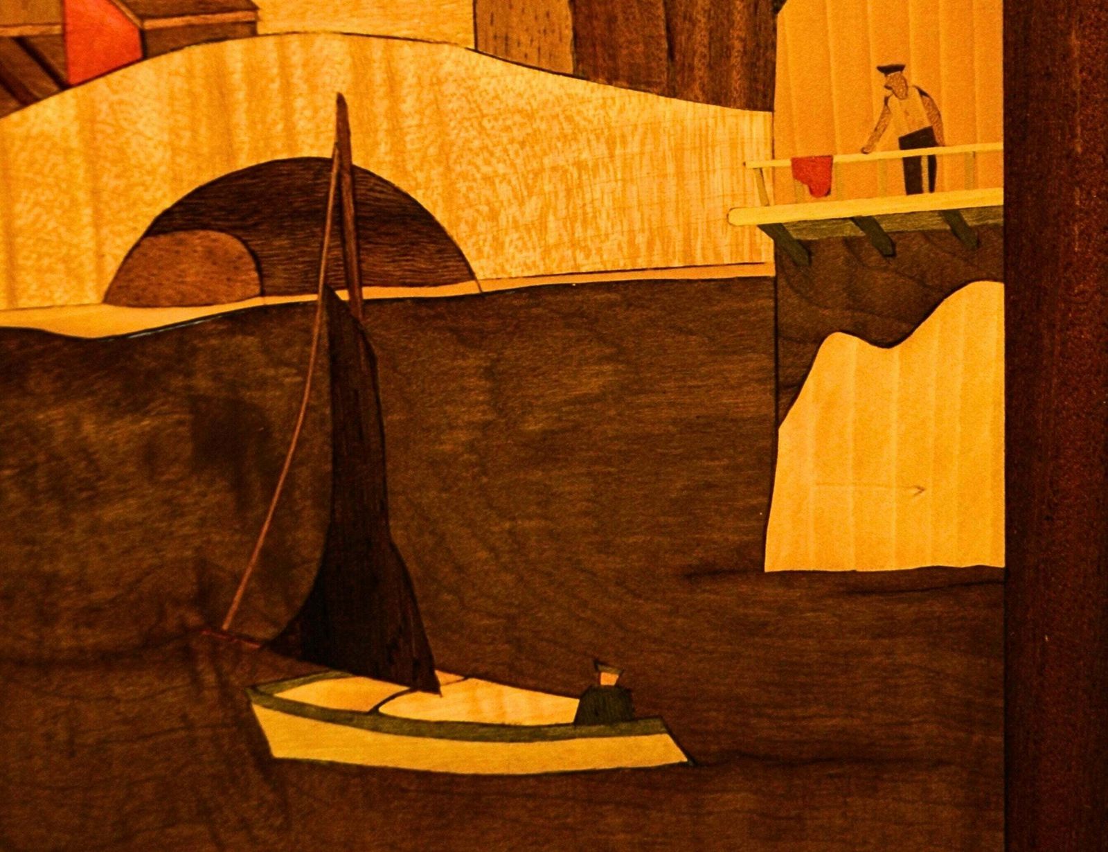 Mid Century Inlay Burl Wood Marquetry Wall Art Of A Coastal Scenery, Artist Signed & Dated photo furniture