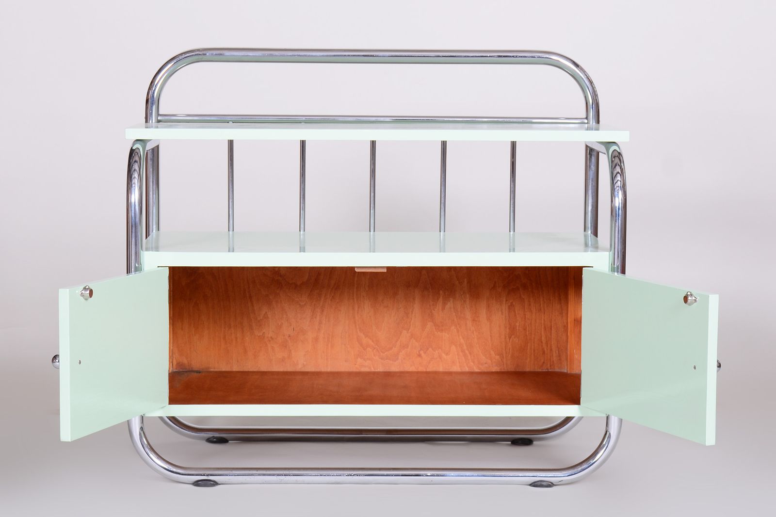 Restored Small Bauhaus Cabinet, Chrome Plated Steel, Lacquered Wood, Czechia, 1930s photo 1600.0