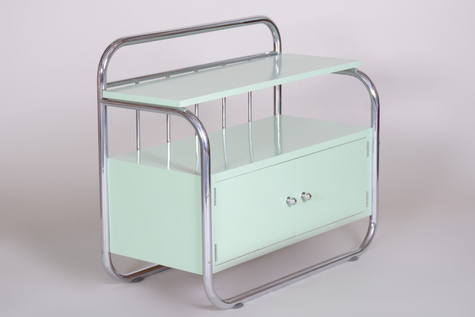 Furniture Restored Small Bauhaus Cabinet, Chrome Plated Steel, Lacquered Wood, Czechia, 1930s photo