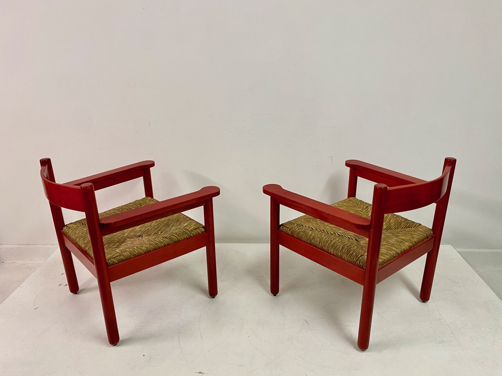 Pair Of Italian Red Armchairs With Rush Seats photo vintage