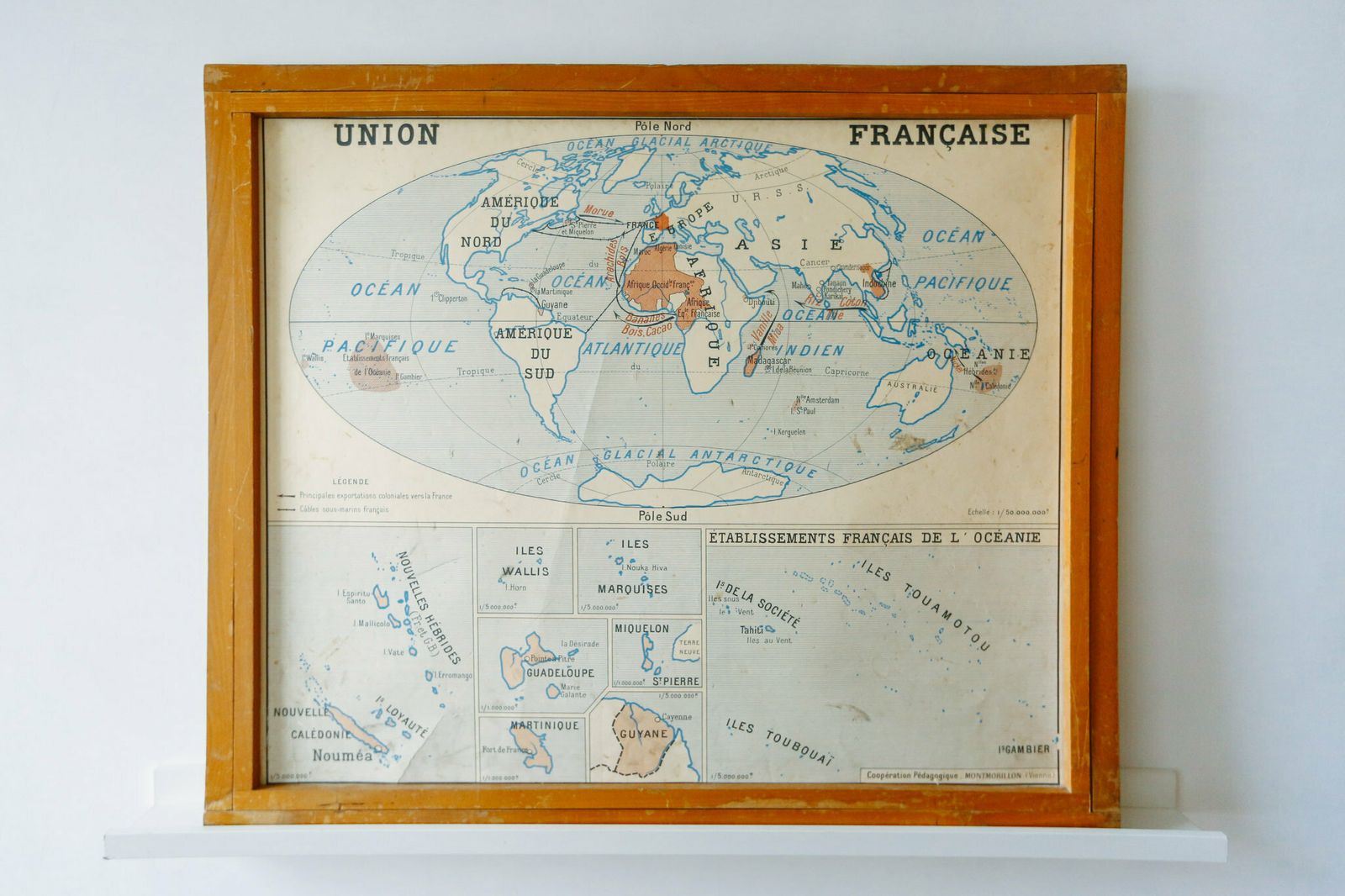 Original Vintage French Educational School Wall Chart Planisphere British Empire French Overseas Territories photo for sale
