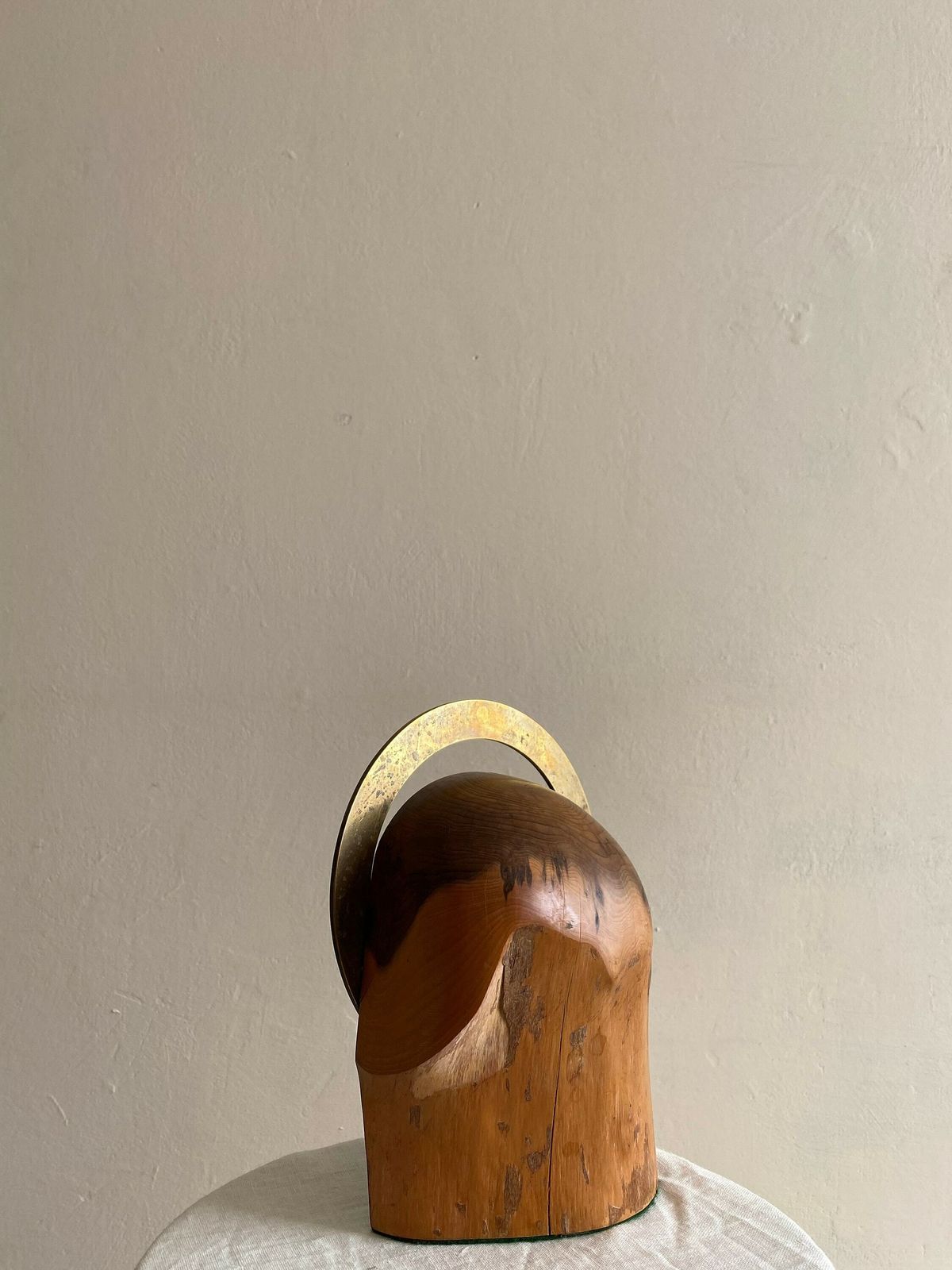 Minimalist Wood And Brass Vintage Sculpture, Solid Wood Plinth With Antique Brass Detail In An Arc Sunrise Halo Design photo furniture