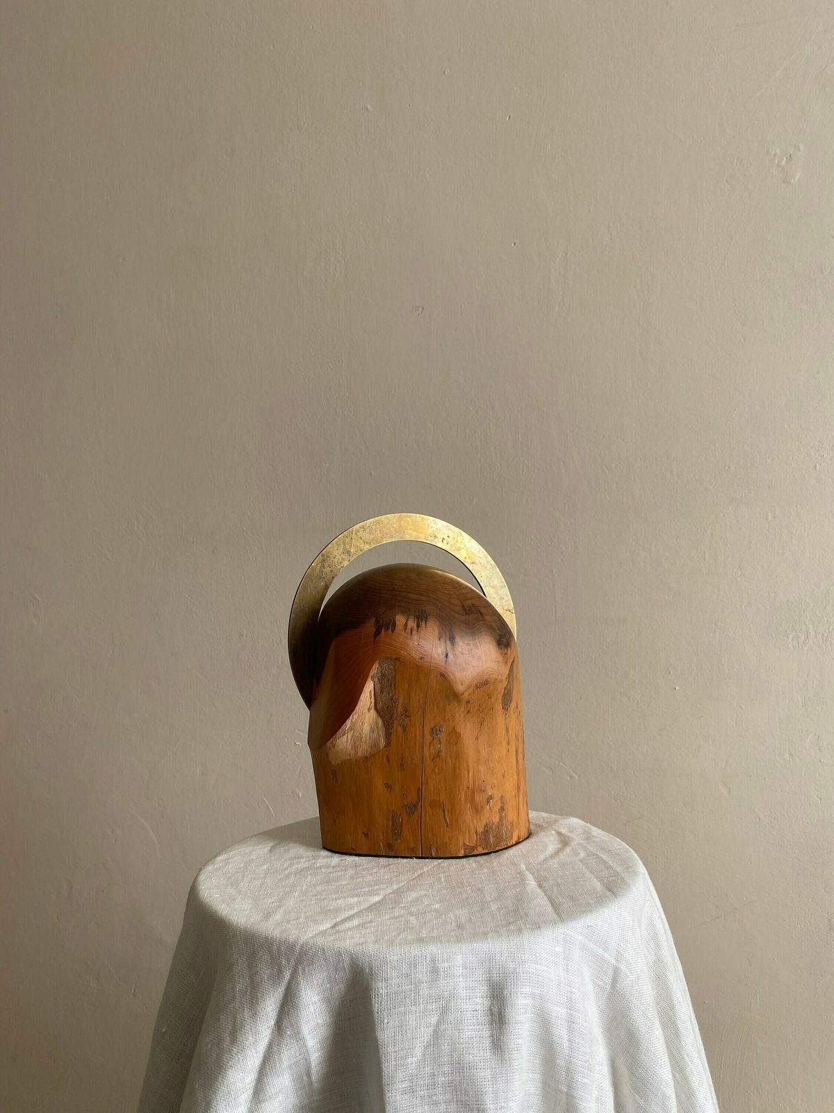 Minimalist Wood And Brass Vintage Sculpture, Solid Wood Plinth With Antique Brass Detail In An Arc Sunrise Halo Design photo for sale