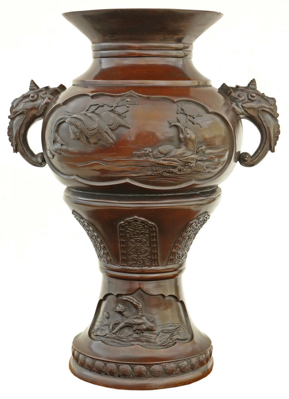Antique Large 17" Fine Quality Japanese Oriental Bronze Urn Vase Meiji Period 19th Century