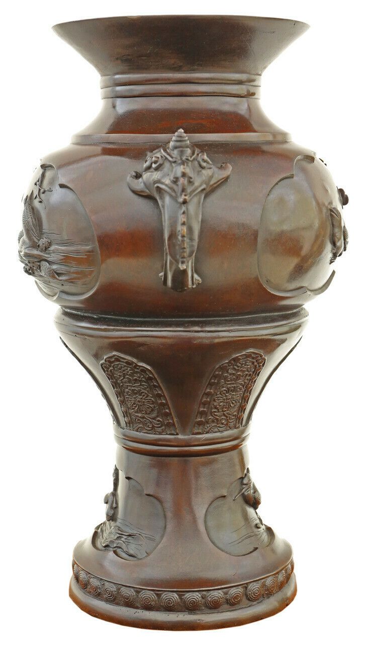 Antique Large 17" Fine Quality Japanese Oriental Bronze Urn Vase Meiji Period 19th Century photo for sale