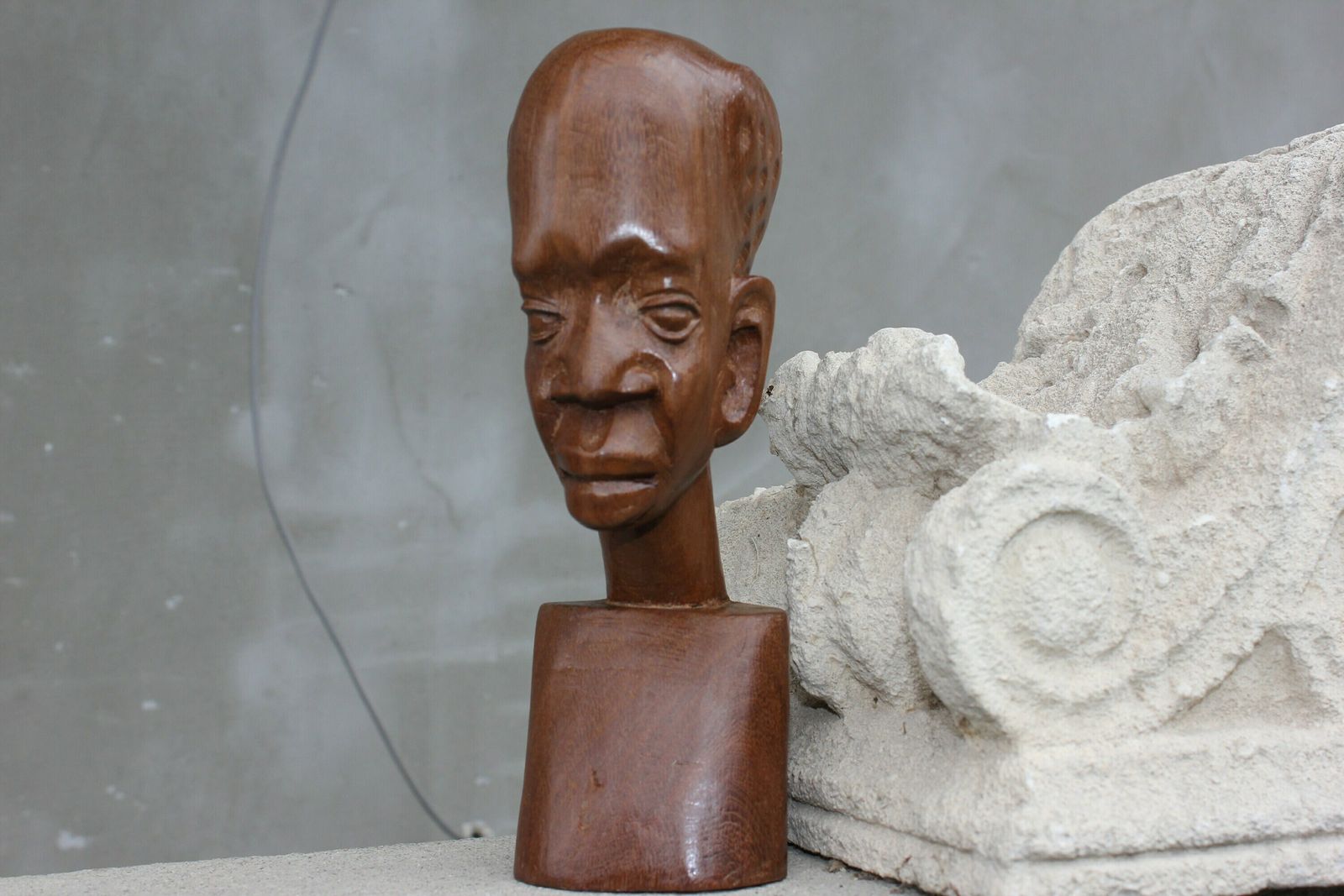 Wooden Man Head Tribal Carved Statue Beautiful Male Face Table Top Decoration photo Art