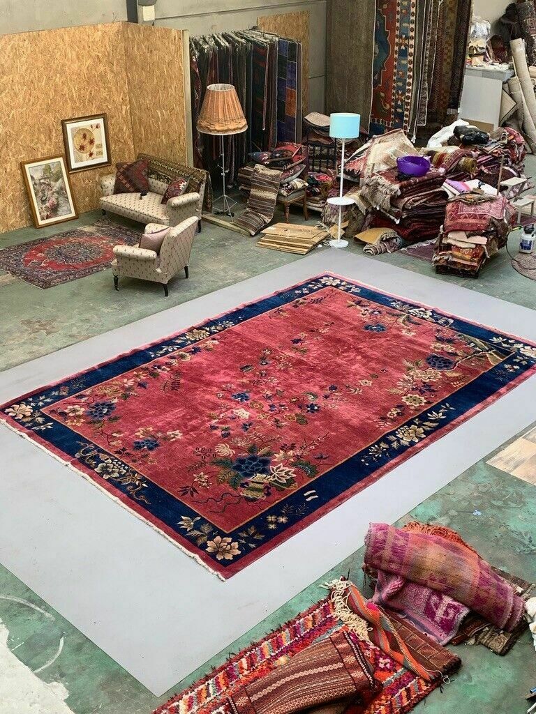Large Chinese Art Deco Carpet, 448x308 Cm, 1920s Wool, Handmade, Pink Blue Rug photo furniture