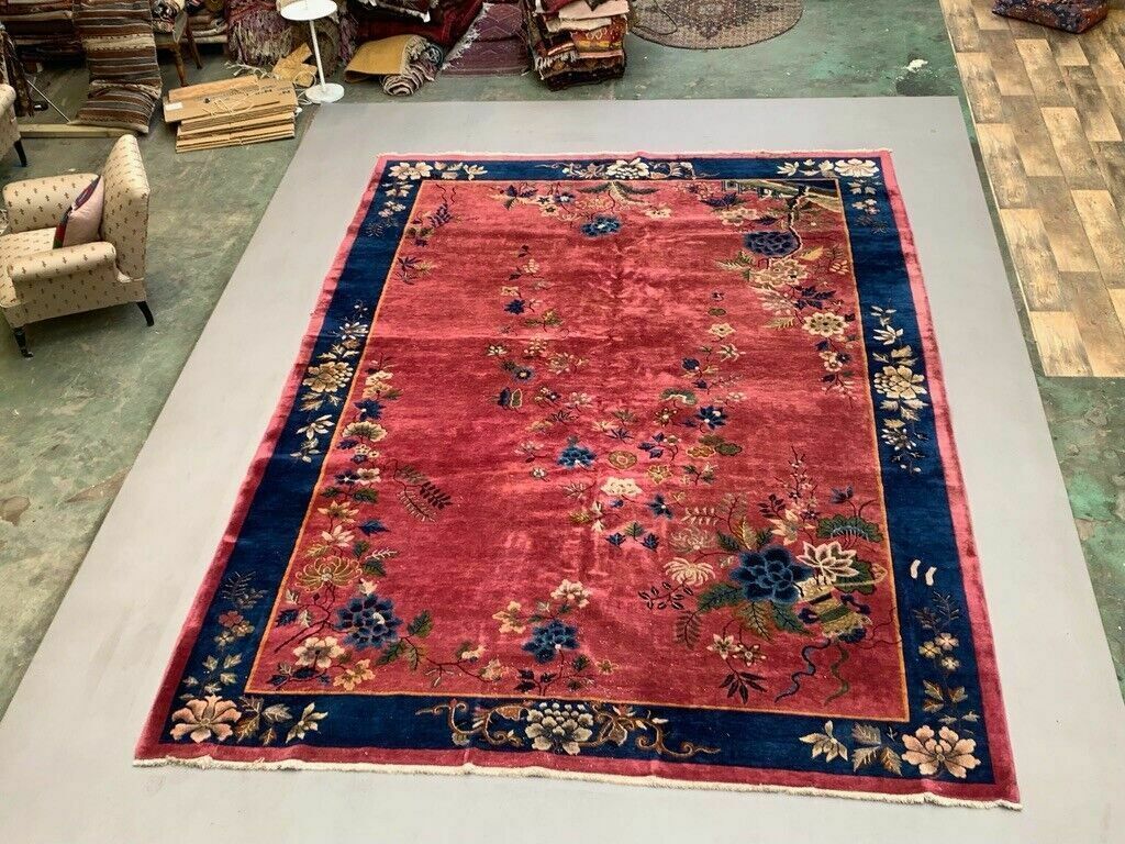 Large Chinese Art Deco Carpet, 448x308 Cm, 1920s Wool, Handmade, Pink Blue Rug photo for sale