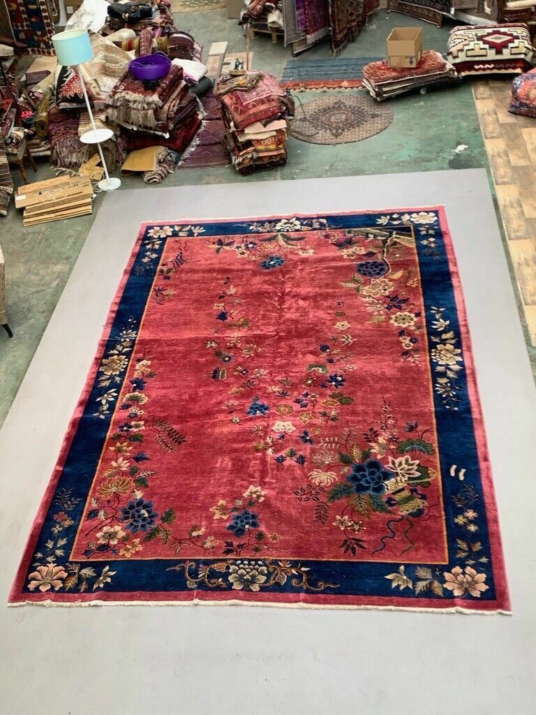 Large Chinese Art Deco Carpet, 448x308 Cm, 1920s Wool, Handmade, Pink Blue Rug photo Textiles