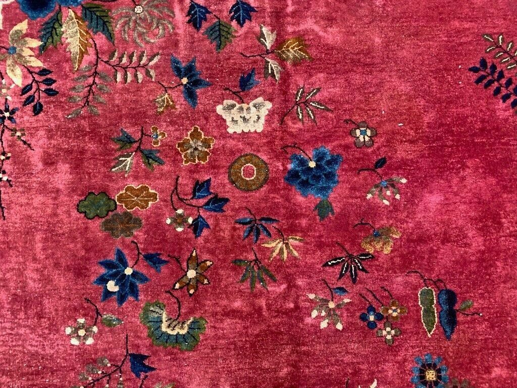 photo for sale Large Chinese Art Deco Carpet, 448x308 Cm, 1920s Wool, Handmade, Pink Blue Rug
