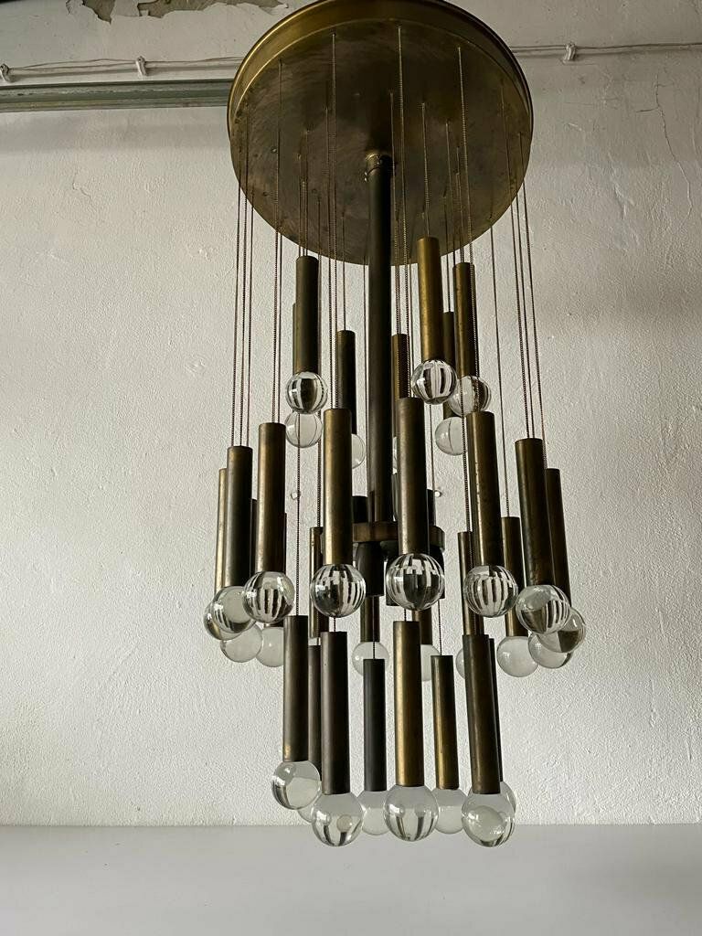 Exceptional Multiple Tubes With Glass Balls Italian Design Brass Chandelier, 1960s, Italy photo for sale