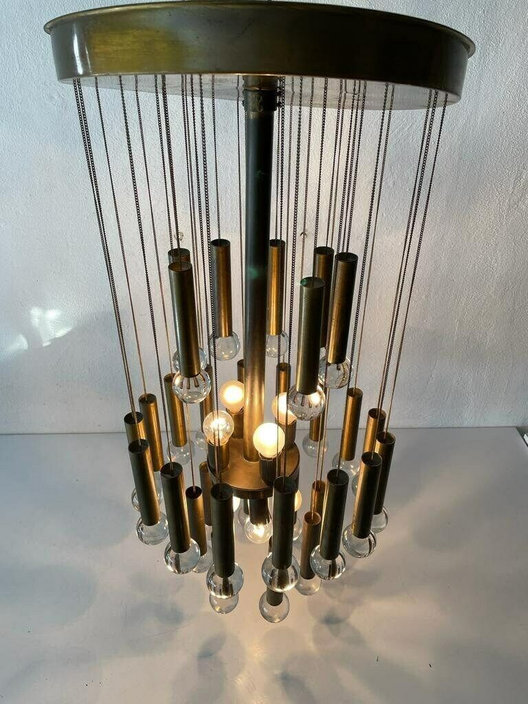Exceptional Multiple Tubes With Glass Balls Italian Design Brass Chandelier, 1960s, Italy photo 4539.64