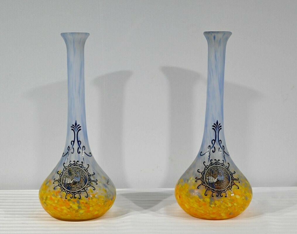 Pair Of Glass Paste Vases, Signed Legras – Late 19th Century