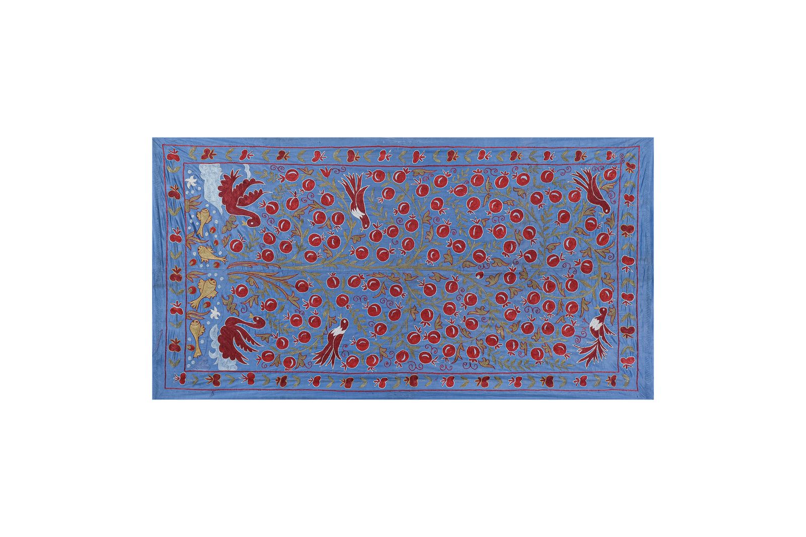 Silk Suzani Blue Table Runner With Pomegranate Design, Animal Pictorial Samarkand Wall Decor 3'6'' X 6'3'' photo furniture