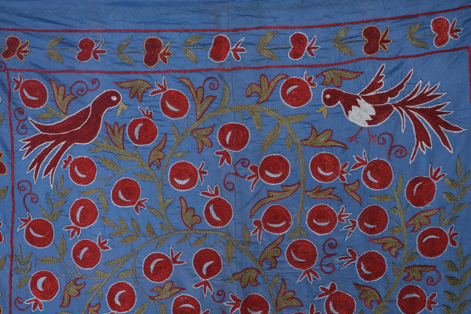 Silk Suzani Blue Table Runner With Pomegranate Design, Animal Pictorial Samarkand Wall Decor 3'6'' X 6'3'' photo vintage