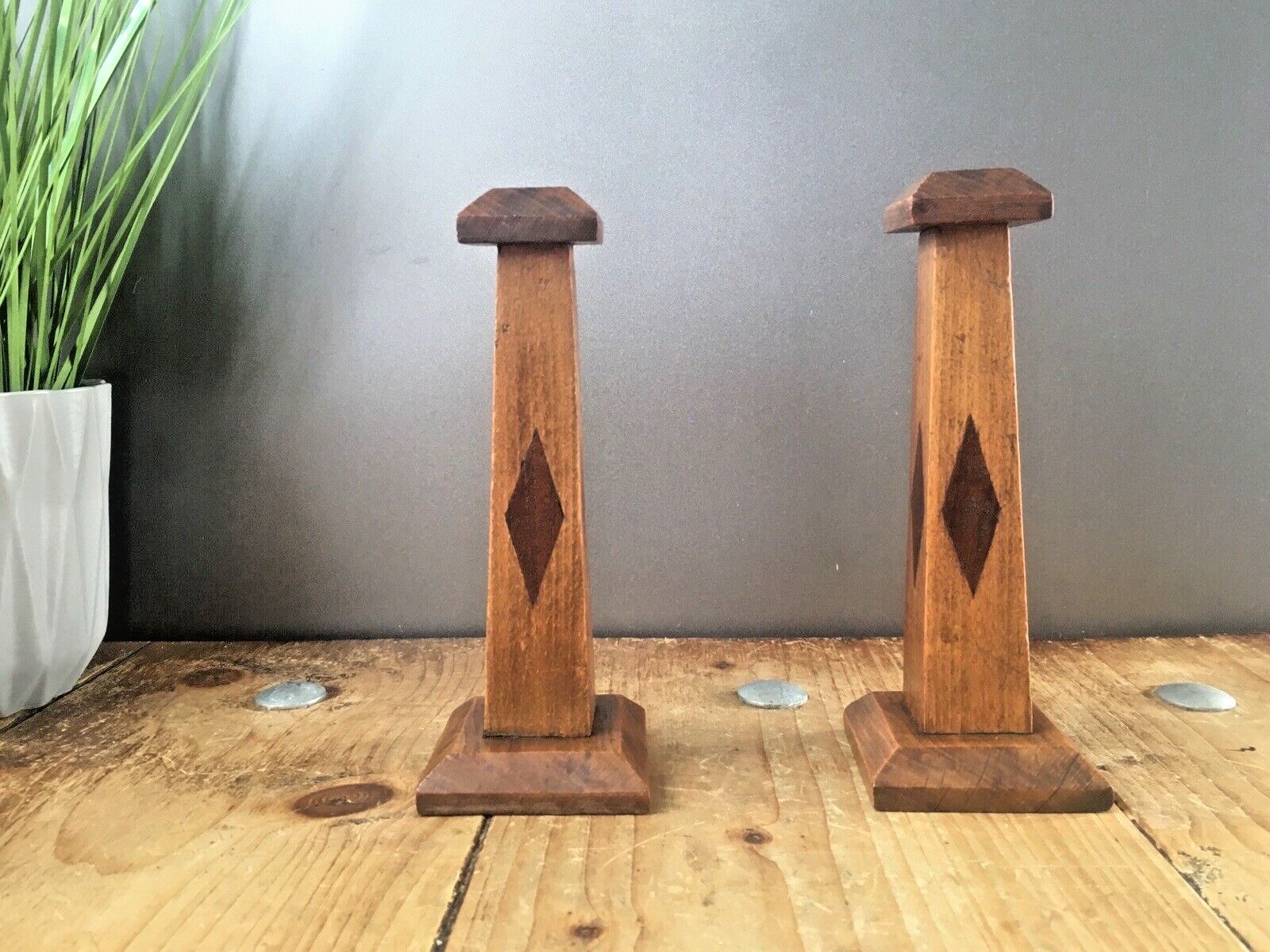 Pair Of Antique Art Deco Inlaid Geometric Oak Wood Candlesticks Candle Holders photo for sale