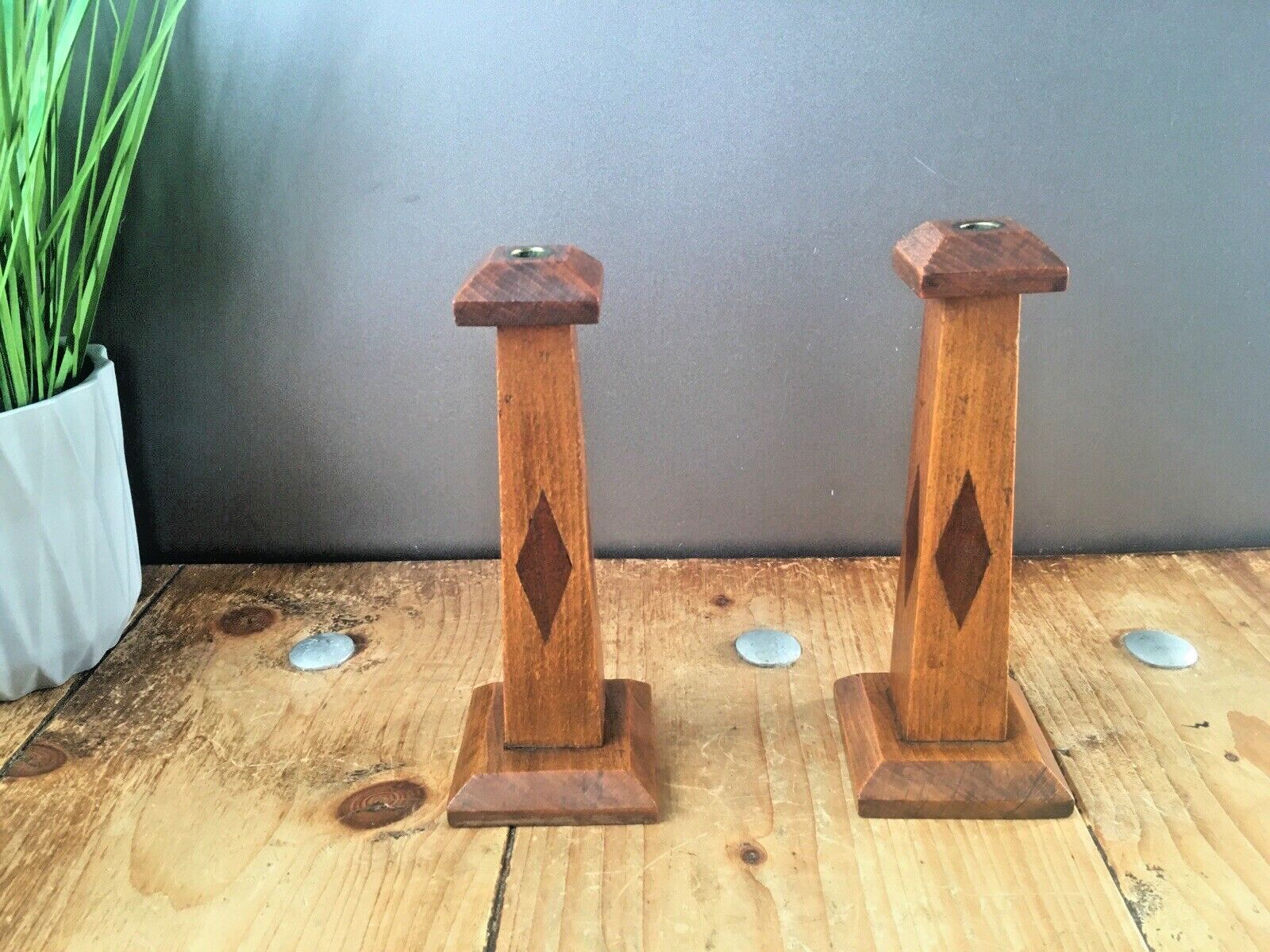 Pair Of Antique Art Deco Inlaid Geometric Oak Wood Candlesticks Candle Holders photo Home Decor