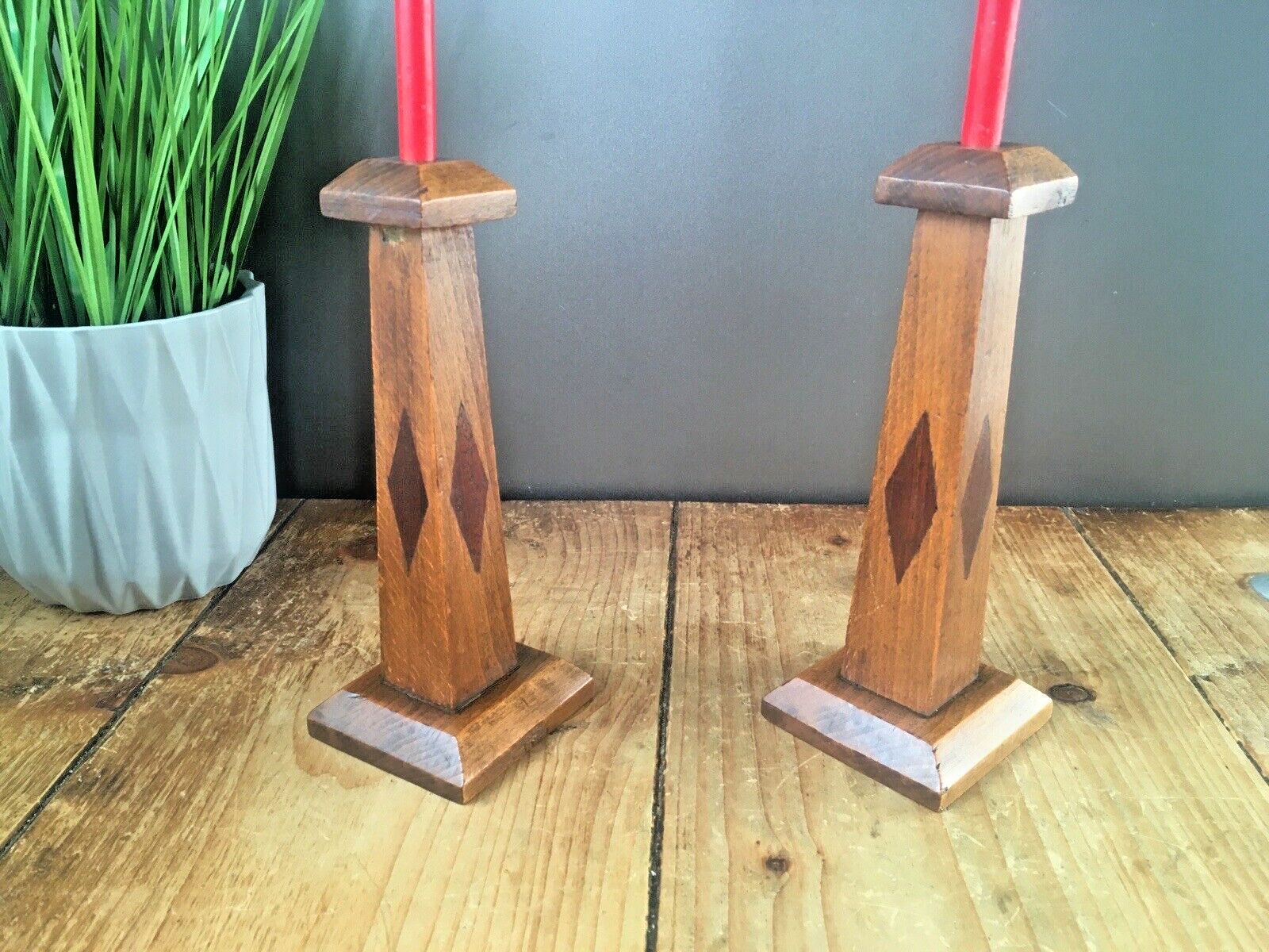 photo buy Pair Of Antique Art Deco Inlaid Geometric Oak Wood Candlesticks Candle Holders