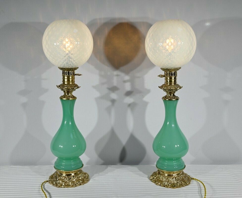 Pair Of Opaline And Bronze Lamps   Late 19th Century