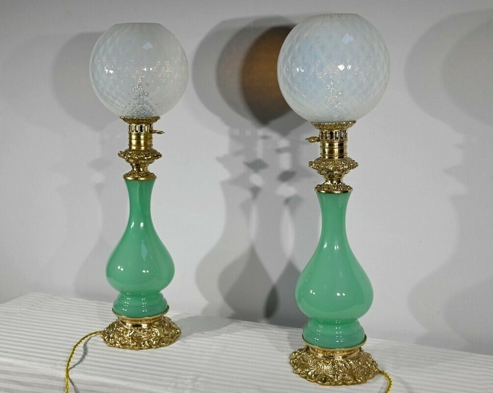 Pair Of Opaline And Bronze Lamps   Late 19th Century photo Lighting