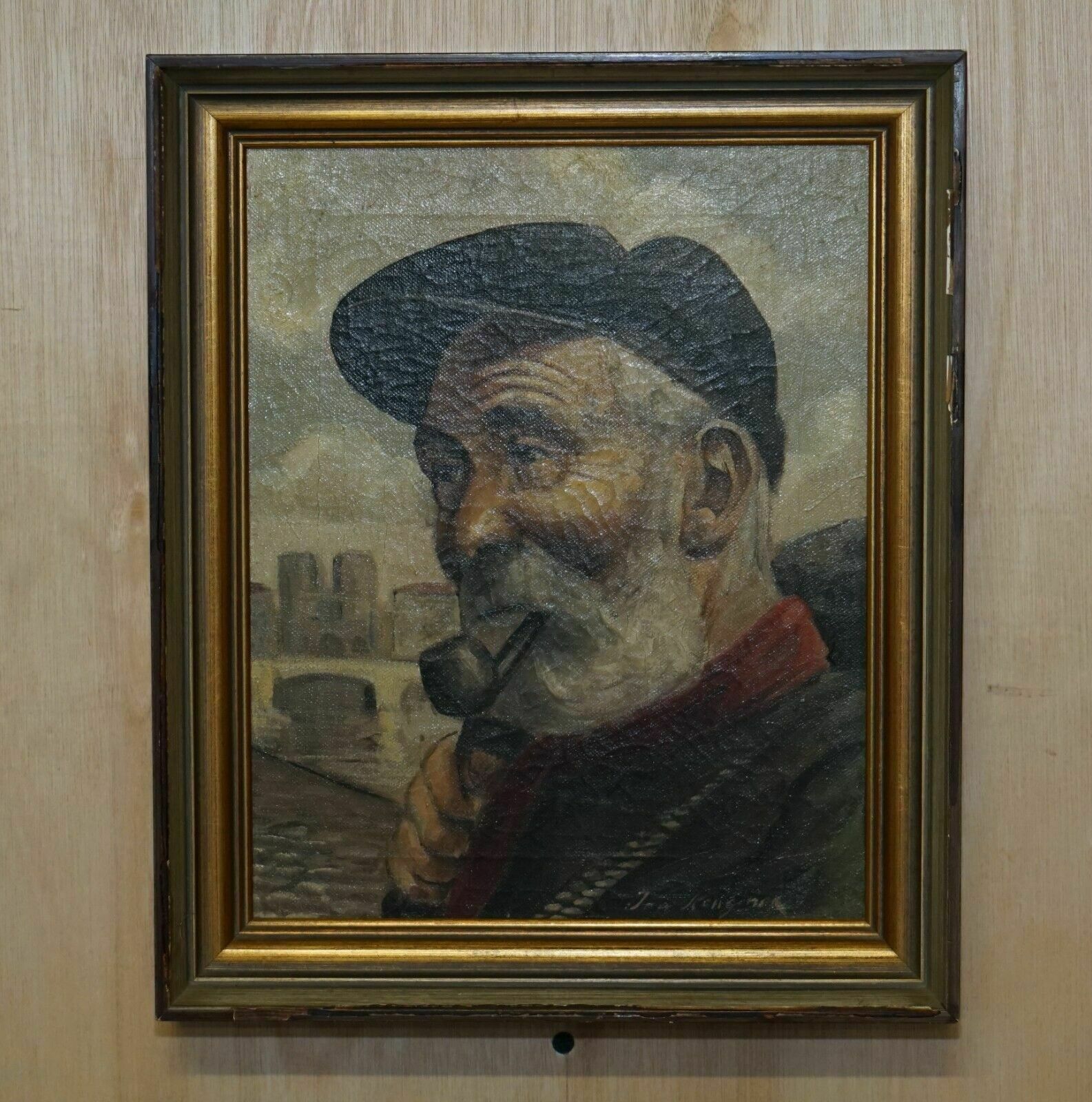 Jma Kensinck Signed Dutch Oil On Canvas Painting Of Old Man Smoking A Pipe