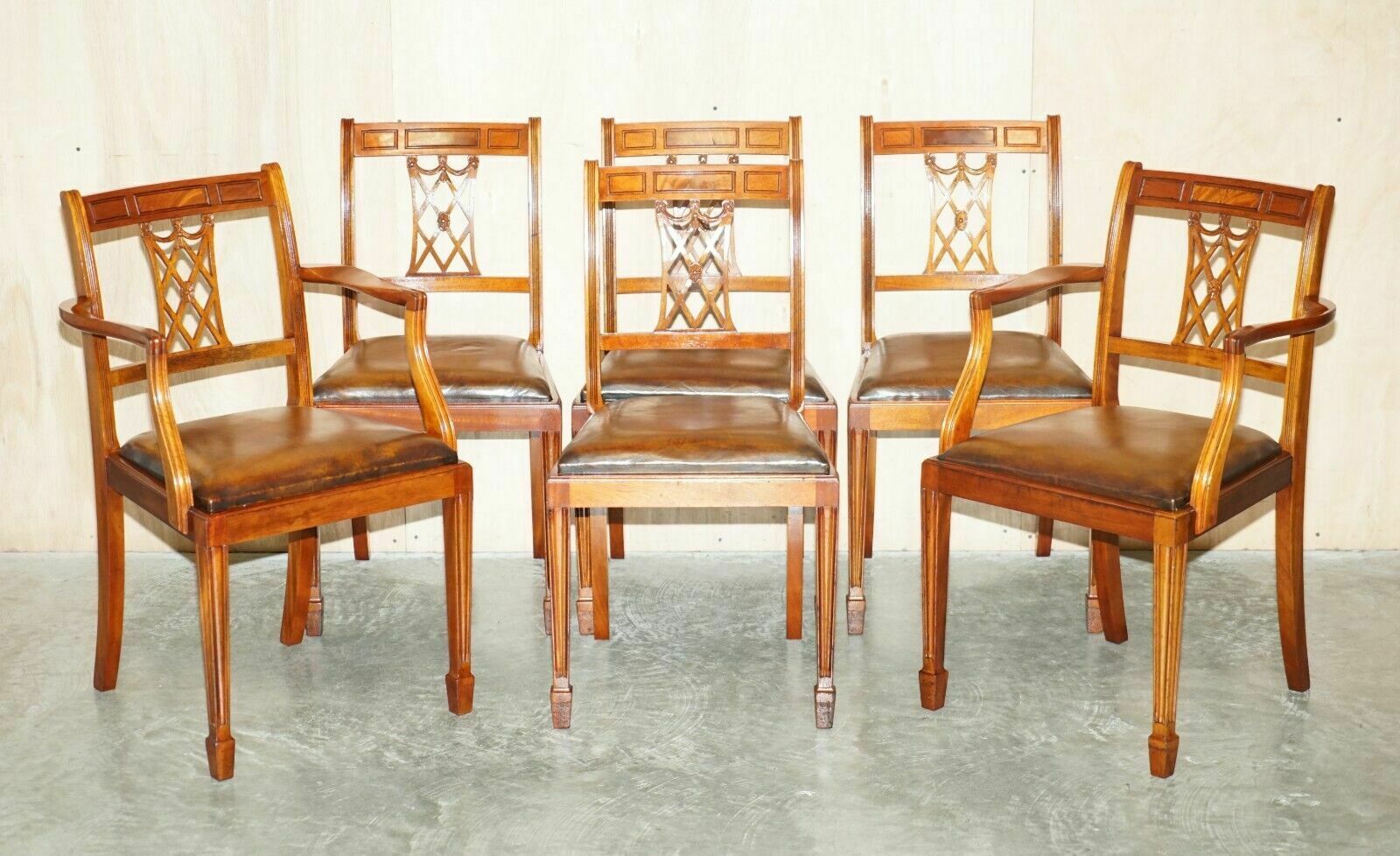 Six Vintage Restored Hand Dyed Brown Leather Hand Carved Frame Dining Chairs