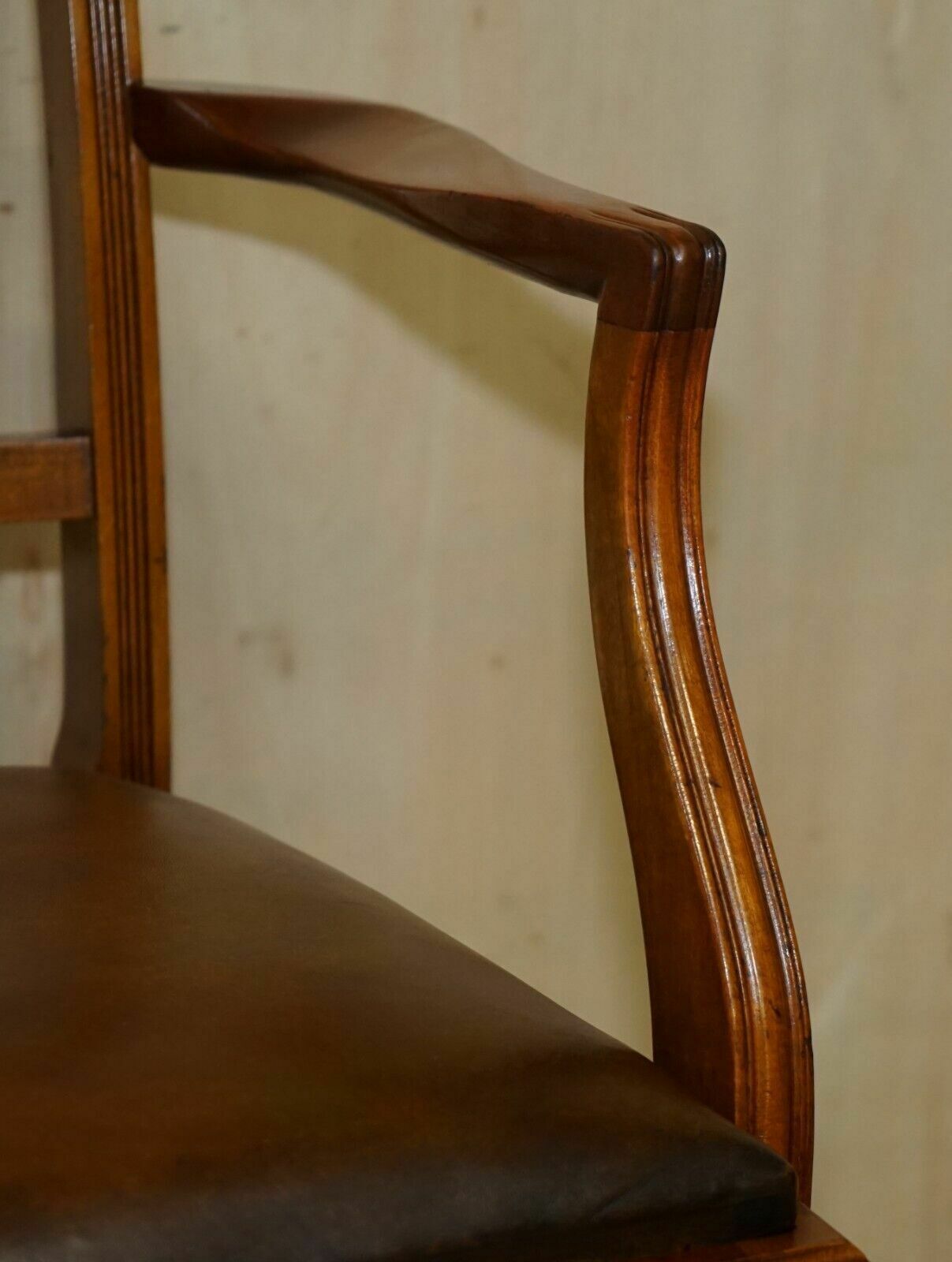 Six Vintage Restored Hand Dyed Brown Leather Hand Carved Frame Dining Chairs photo vintage