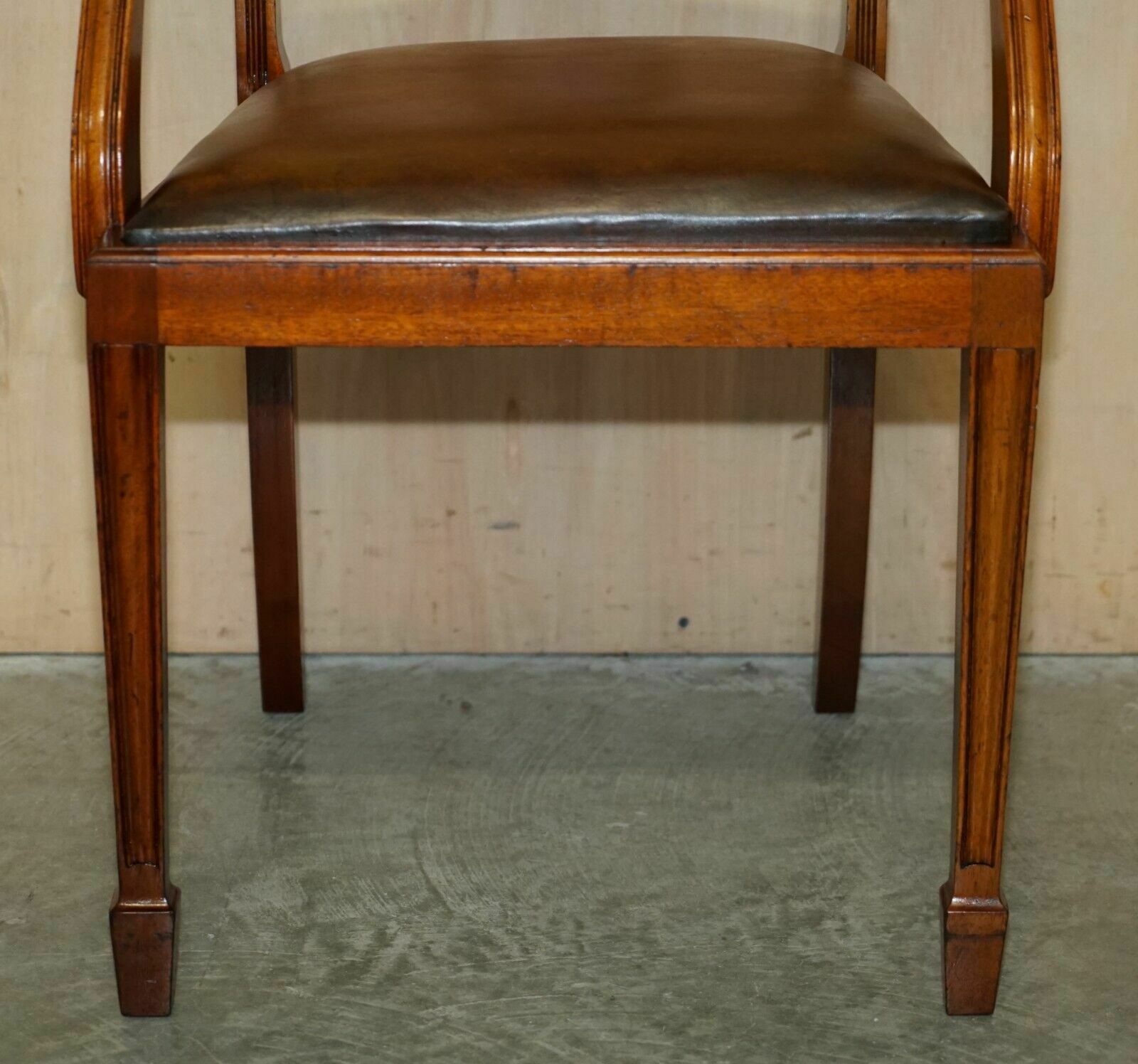 photo furniture Six Vintage Restored Hand Dyed Brown Leather Hand Carved Frame Dining Chairs