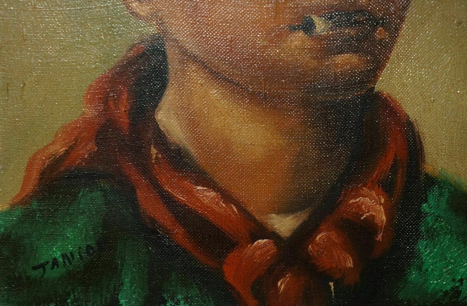 Antique Signed Janson Belgium Oil On Canvas Painting Of Young Boy Smoking photo vintage