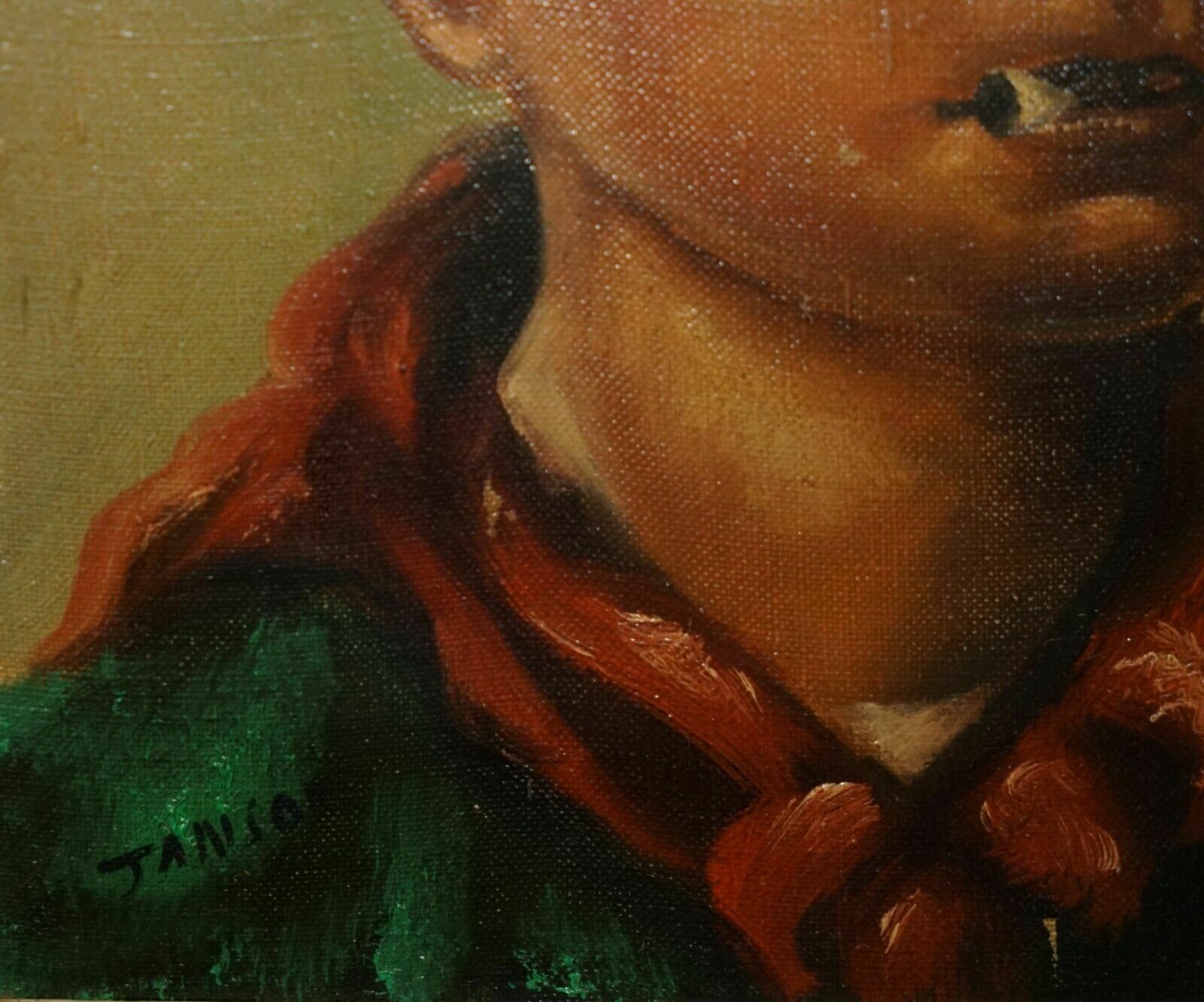 photo vinterior Antique Signed Janson Belgium Oil On Canvas Painting Of Young Boy Smoking