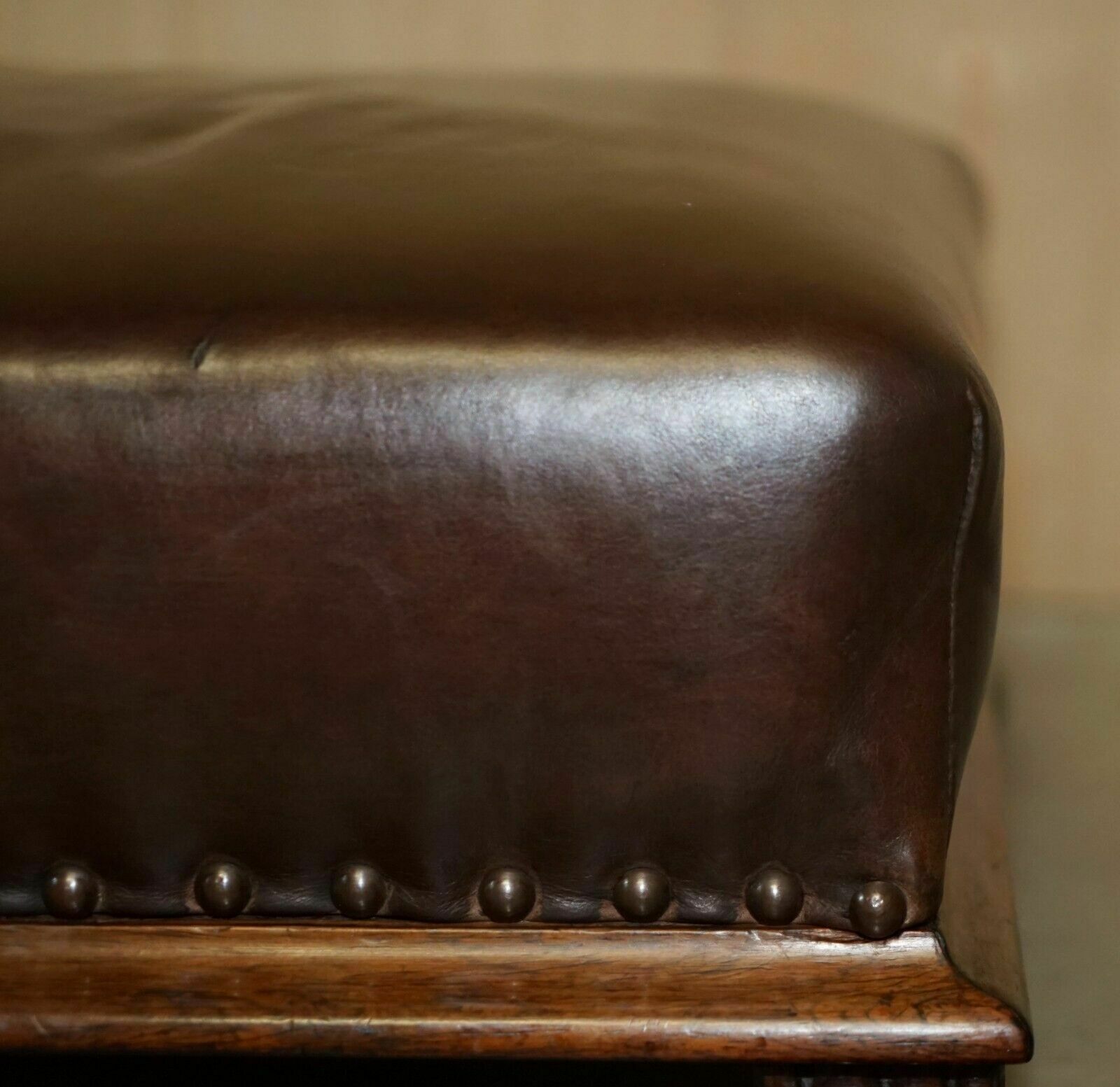 Antique Regency Circa 1815 Brown Leather Rosewood Lion's Hairy Paw Footstool photo vintage