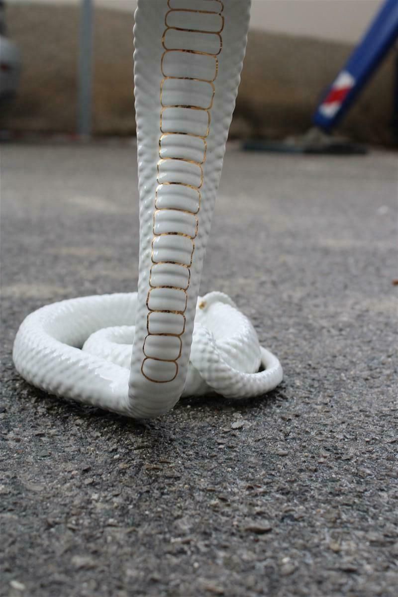 Snake Ornamental Sculpture In White And Gold Ceramic Tommaso Barbi, 1970s photo vintage