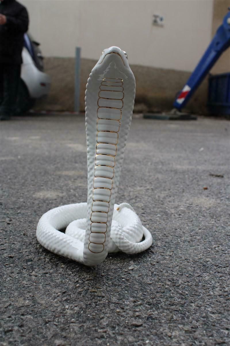 photo furniture Snake Ornamental Sculpture In White And Gold Ceramic Tommaso Barbi, 1970s