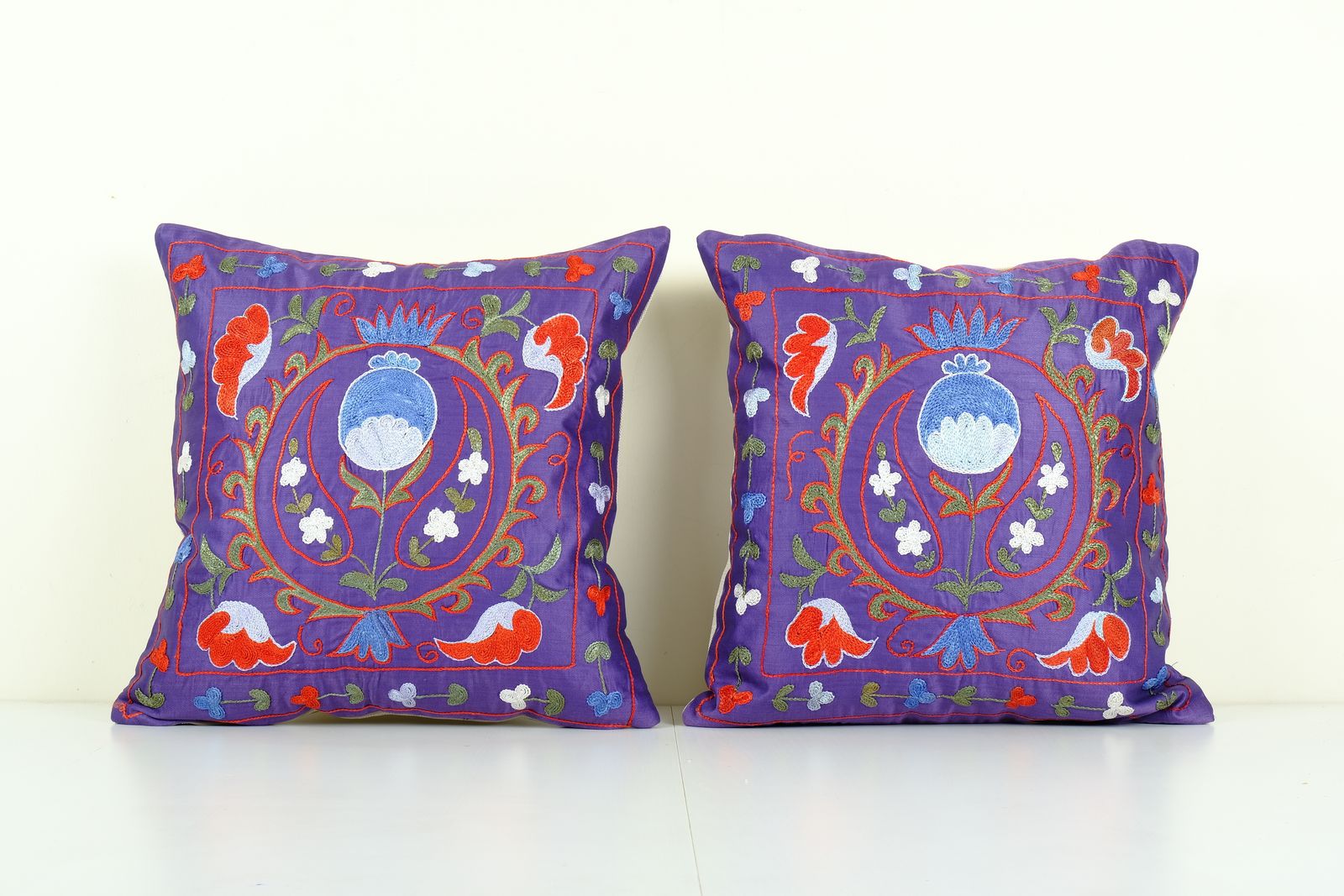 Suzani Silk On Silk Pillow, Set Of Two Uzbek Silk Purple Embroidery Cushion 19'' X 19''