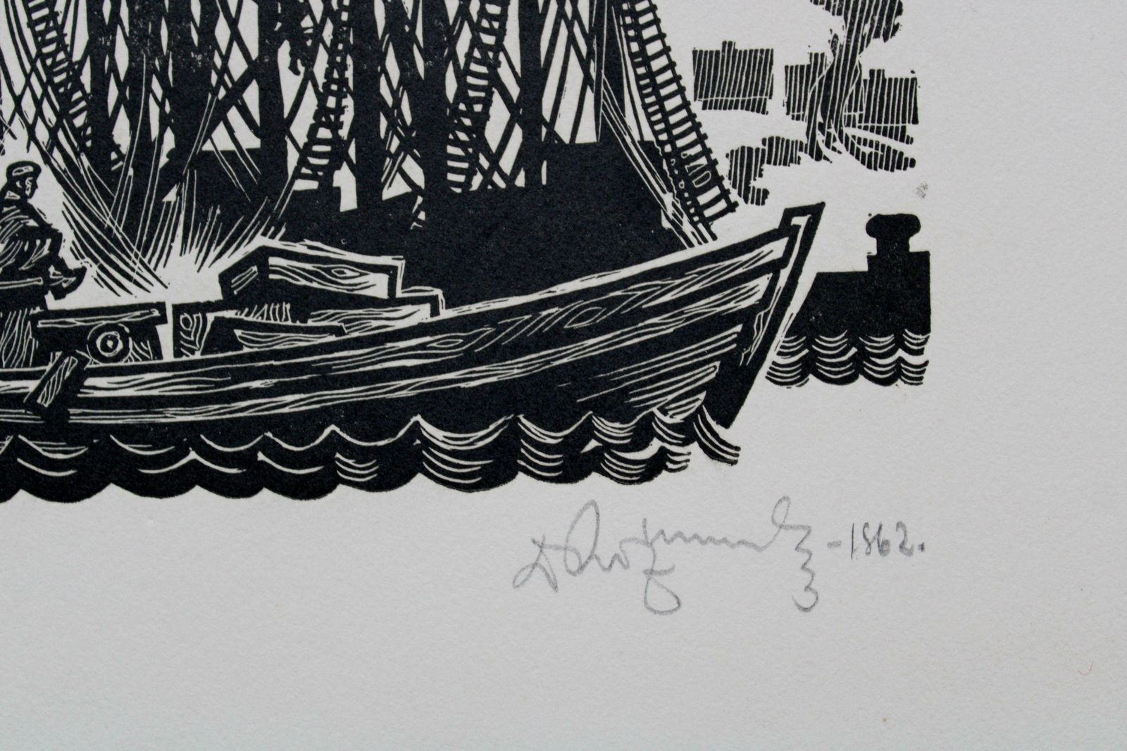 Dainis Rozkalns Fishing Men. Paper, Linocut photo for sale