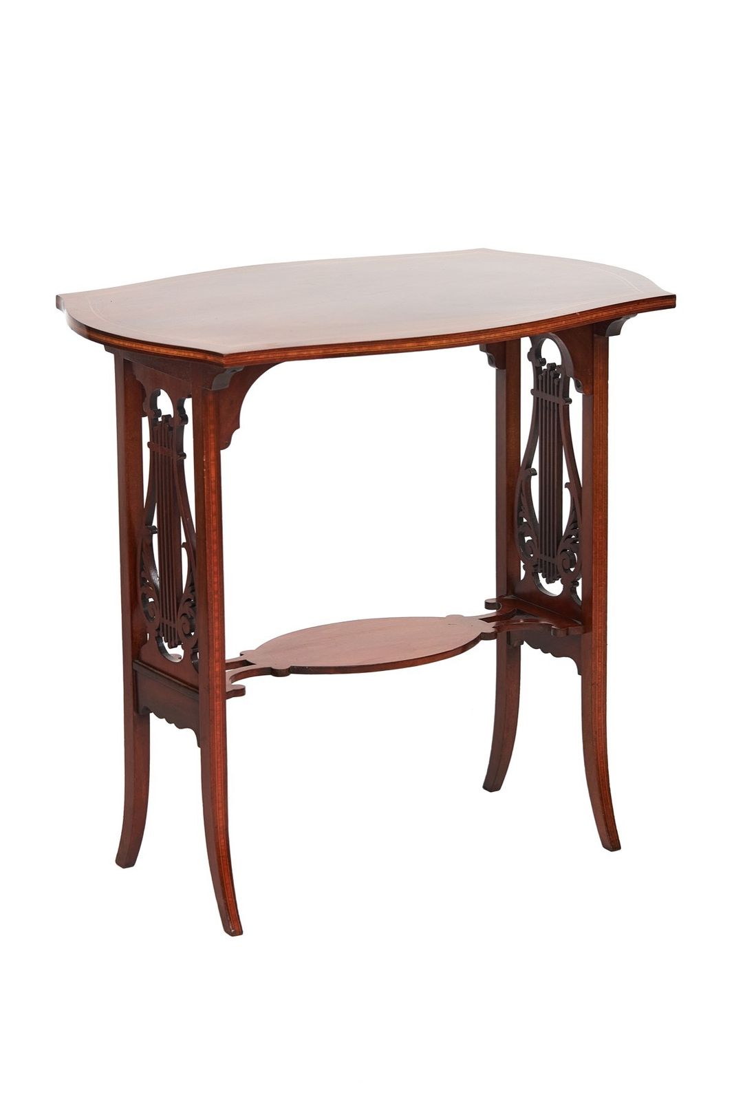 Fine Sheraton Revival Mahogany Inlaid & Carved Lyre End Support Table[B]