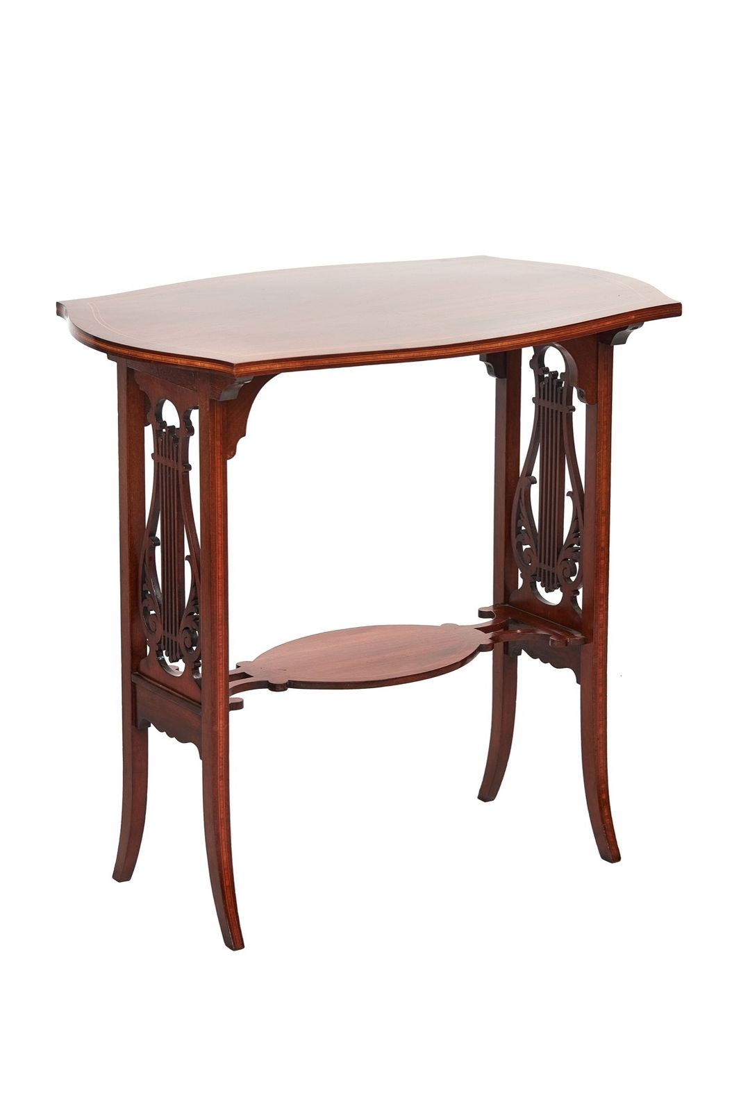 Fine Sheraton Revival Mahogany Inlaid & Carved Lyre End Support Table[B] photo furniture