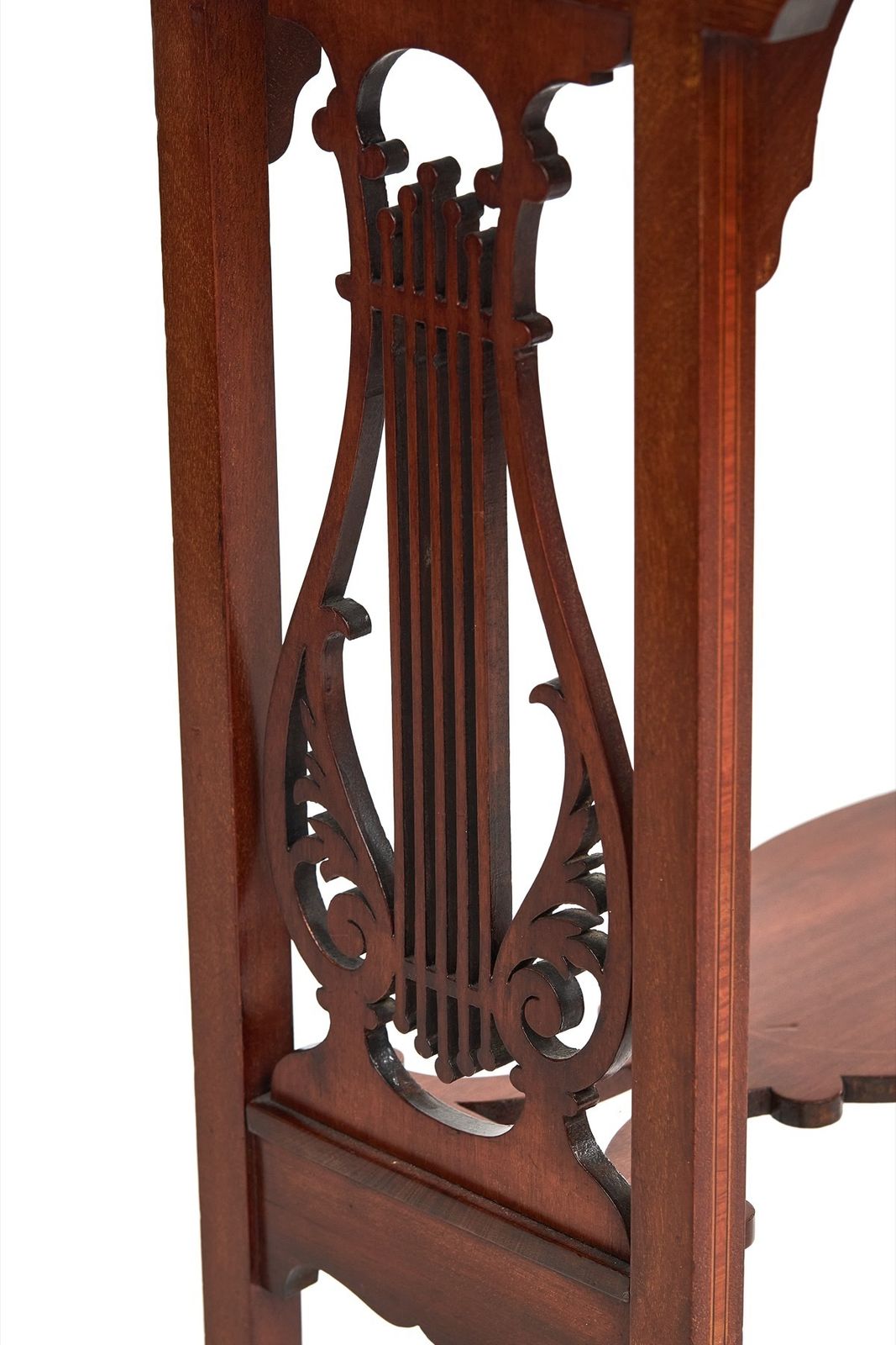 Fine Sheraton Revival Mahogany Inlaid & Carved Lyre End Support Table[B] photo for sale