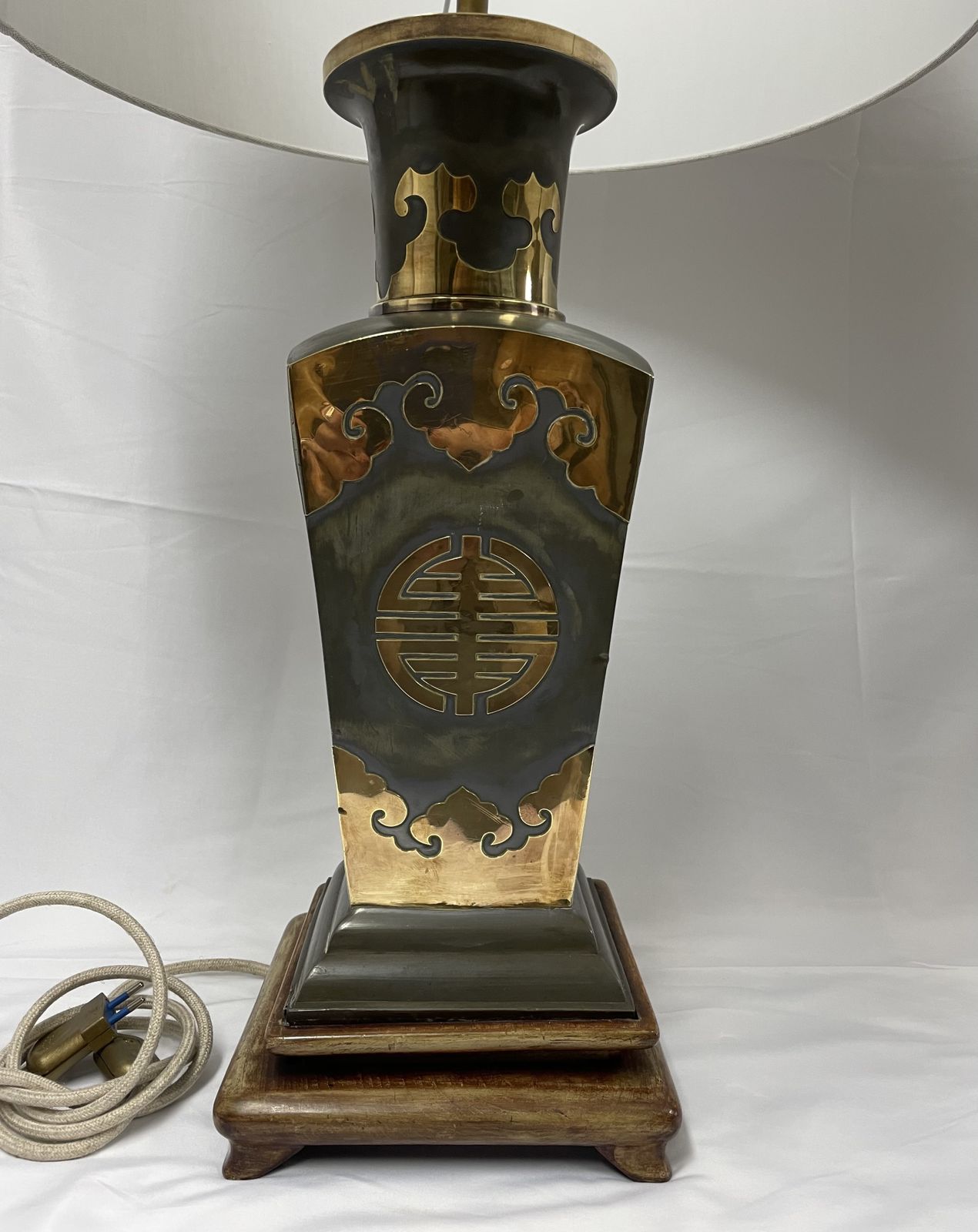 Pair Of Metal Lamps With Brass Applications On Wooden Bases.  50's photo Lighting