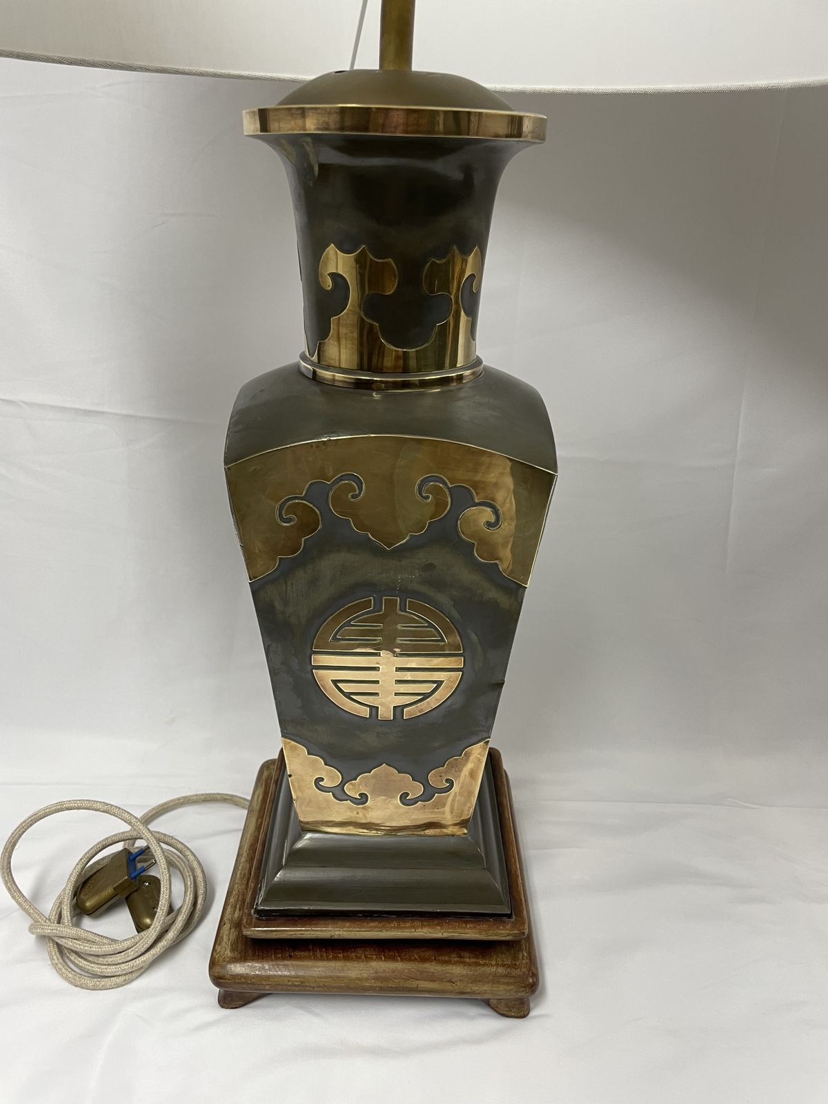 Pair Of Metal Lamps With Brass Applications On Wooden Bases.  50's photo vinterior
