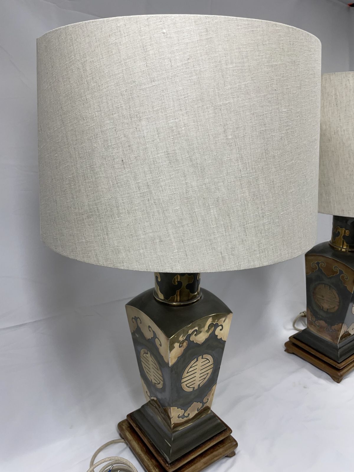 Pair Of Metal Lamps With Brass Applications On Wooden Bases.  50's photo buy