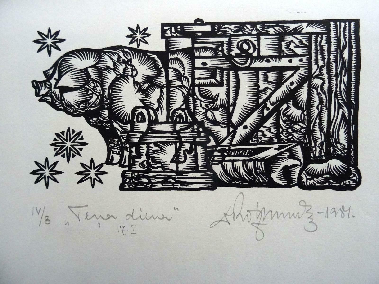 Dainis Rozkalns Pig Day. 1984. Paper, Linocut,1984