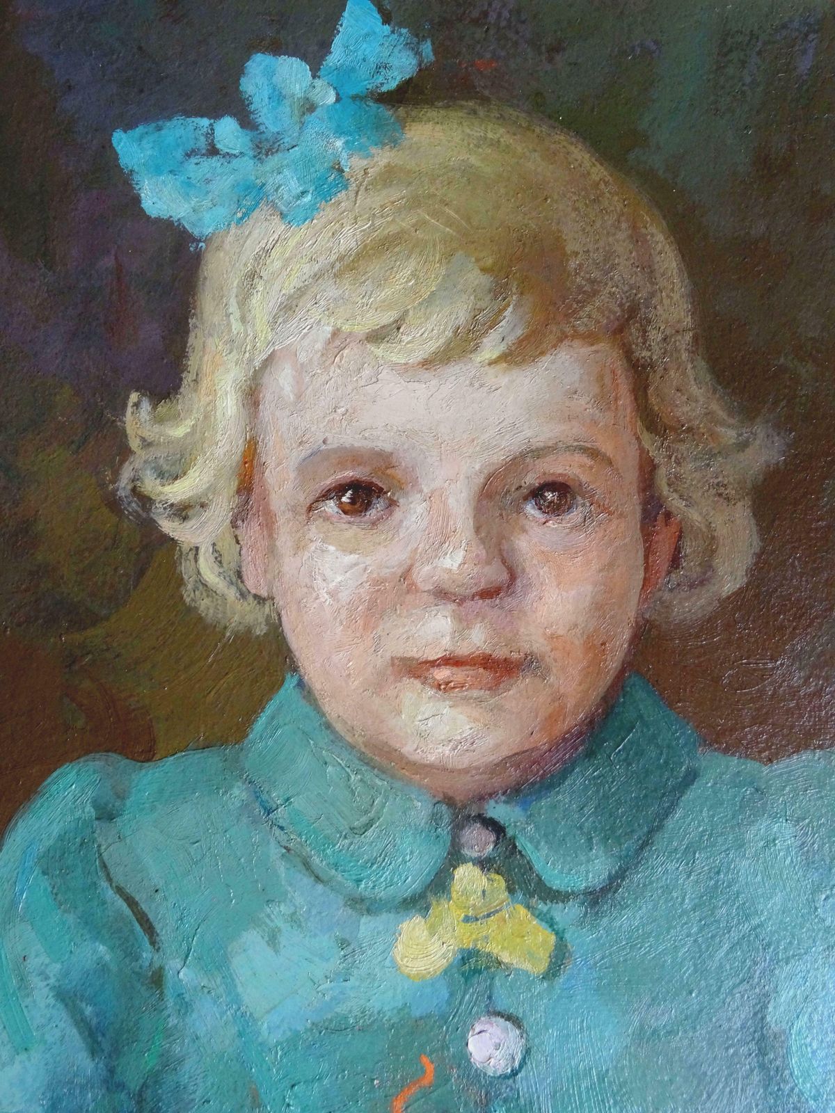 Nikolay Kulainis Portrait Of A Little Girl With A Ball Of Cotton. Oil On Cardboard photo for sale