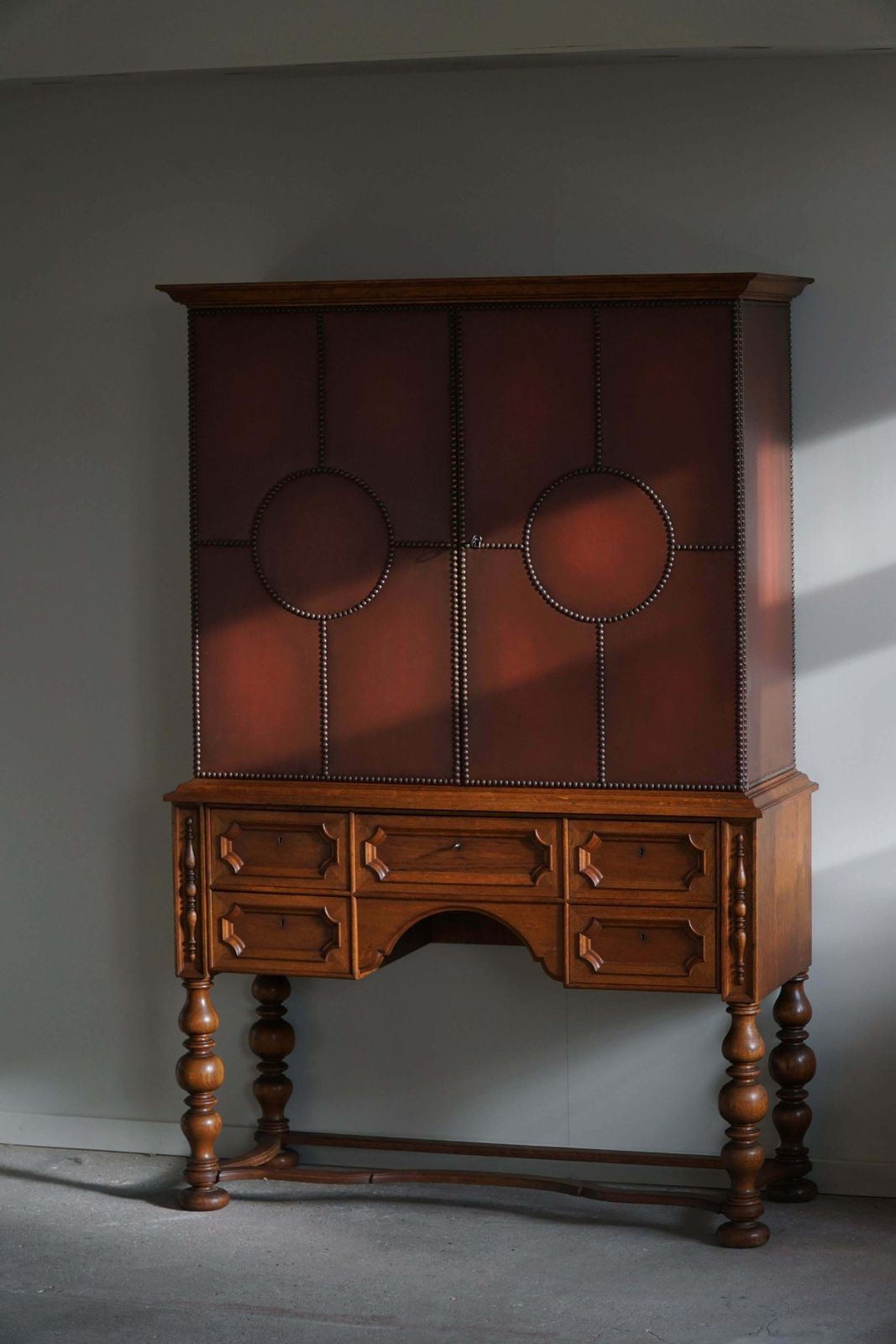 Otto Schultz, Swedish Modern Cabinet In Leather, Oak & Brass Nails, 1930s photo for sale