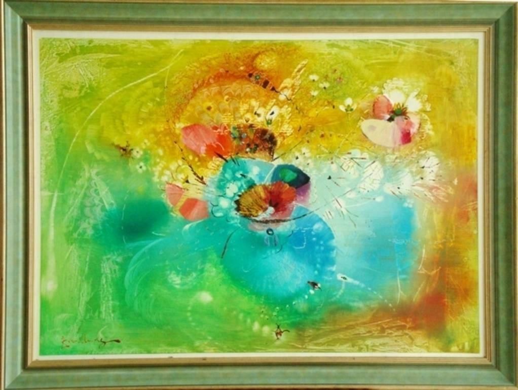 Juris Zvirbulis Summer Flowers In Yellow,Green,Cyan Colours. 1990s.Cardboard,Mixed Media Art 1990 photo Art