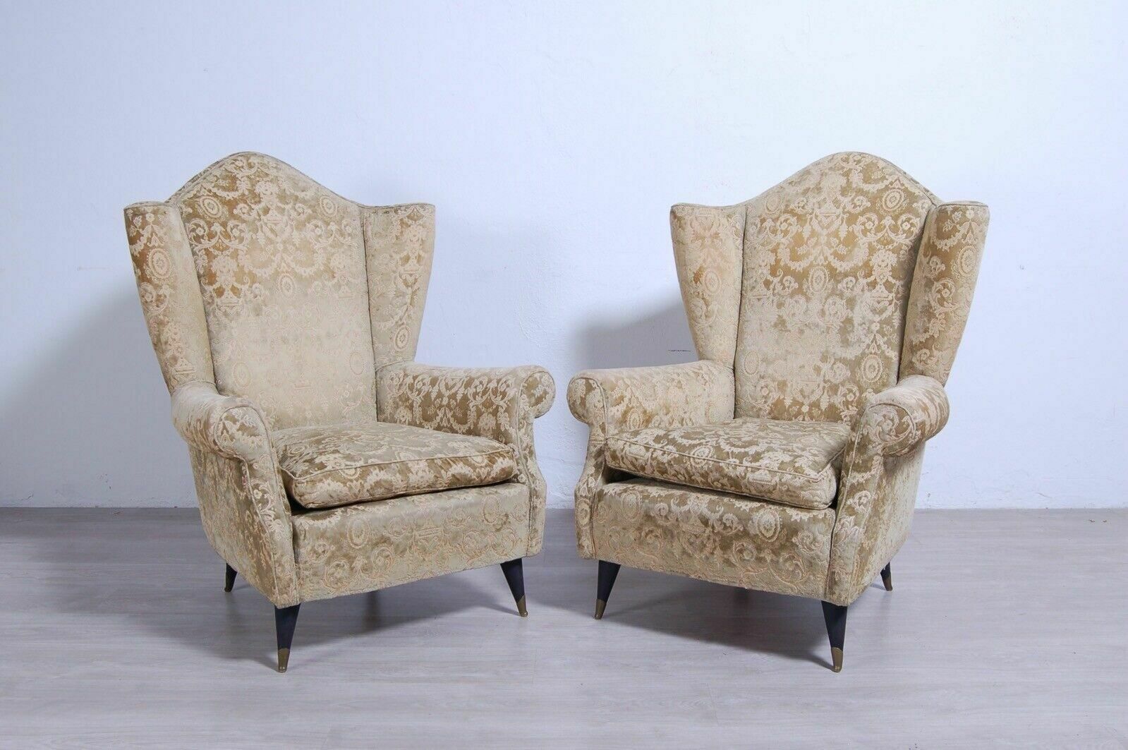 Pair Of 1950s Design Armchairs With Wooden Feet And Brass Tips In Damask Fabric