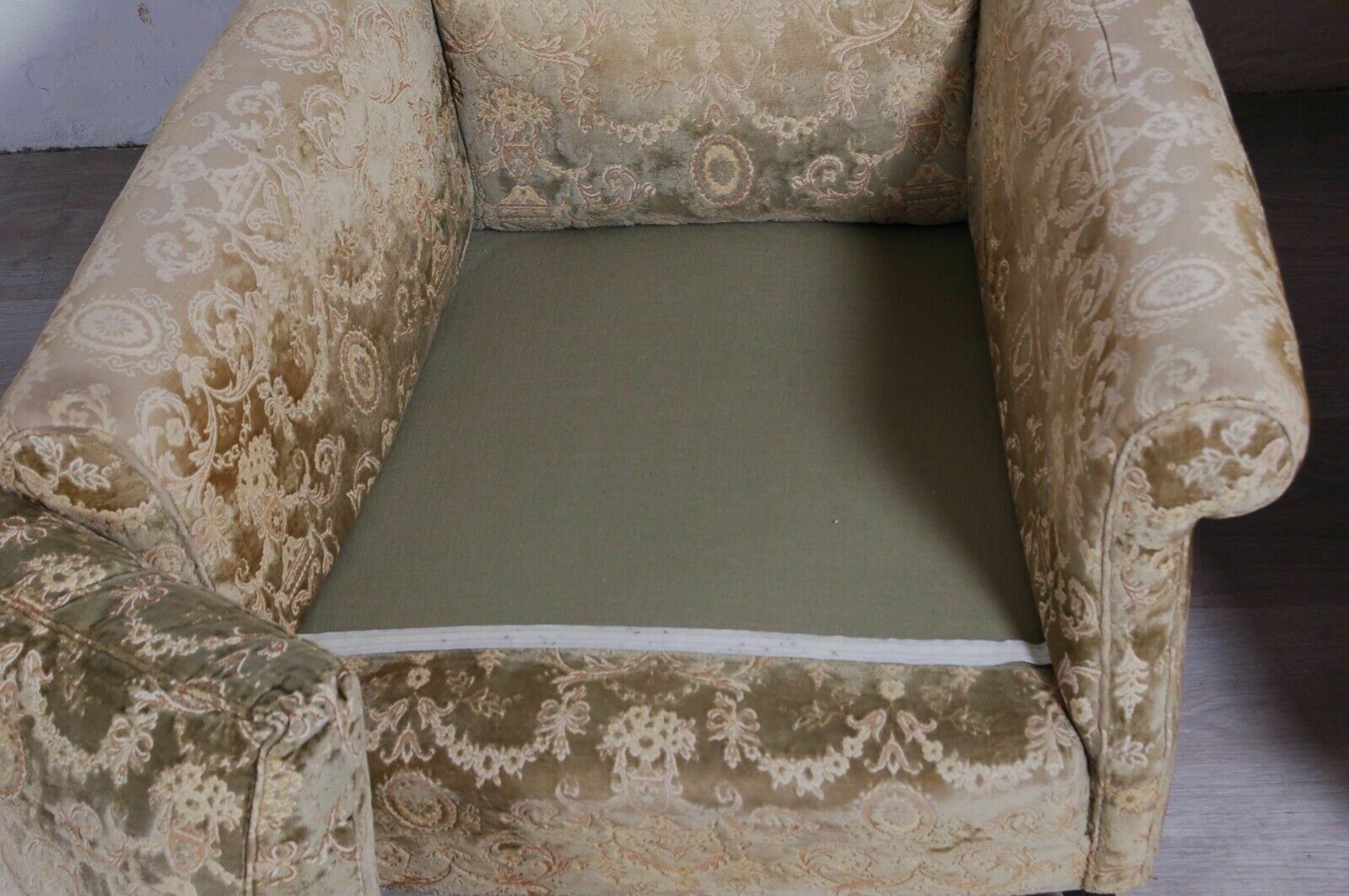 photo for sale Pair Of 1950s Design Armchairs With Wooden Feet And Brass Tips In Damask Fabric