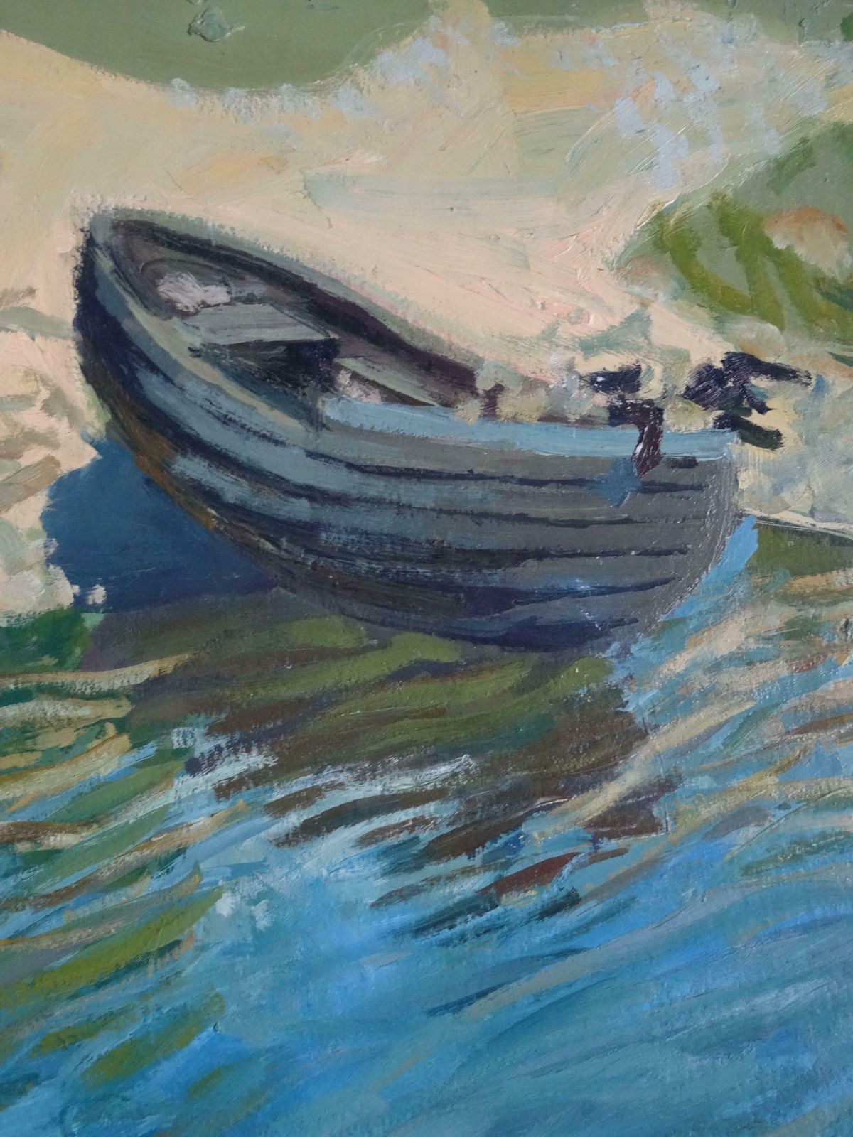 Alvis Zemzaris Boat On The River Bank. Oil On Cardboard, photo for sale