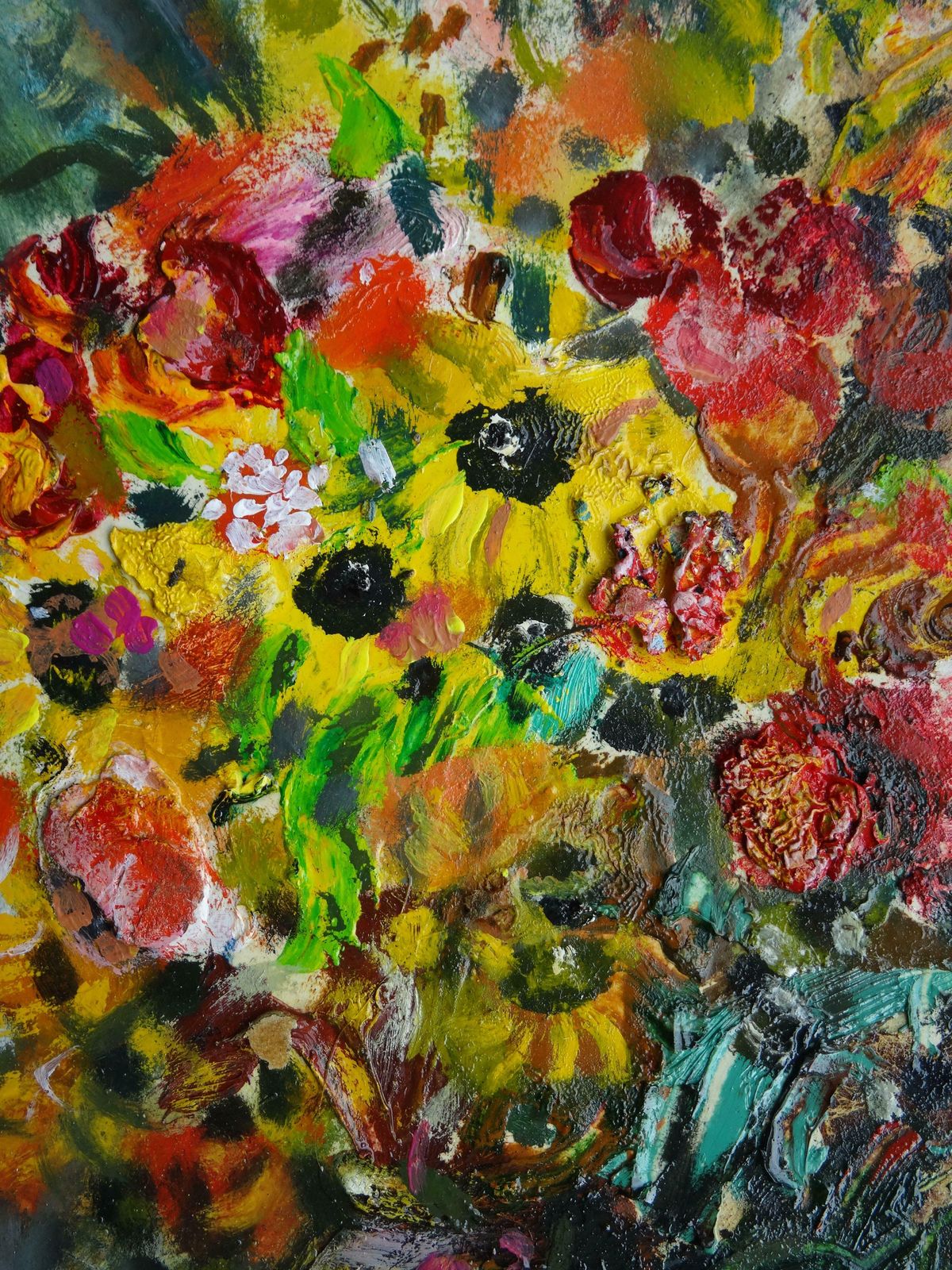 Uldis Krauze Bouquet Of Flowers With Sunflowers. Cardboard, Oil photo for sale