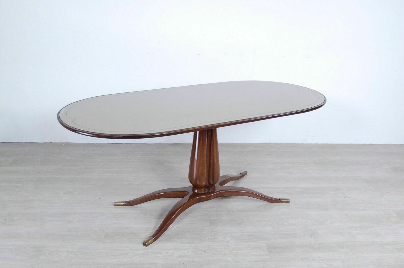 Vintage Oval Table In Walnut, Design Paolo Buffa Style, 1950s Italy, Glass Top